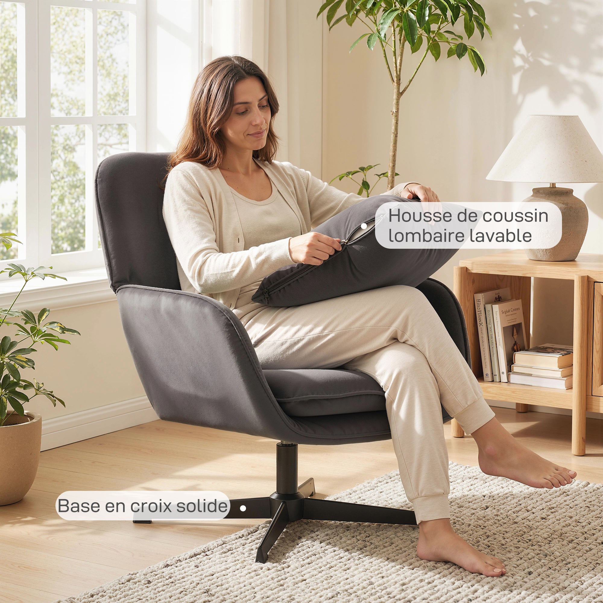Fauteuil salon pivotant, fauteuil d'appoint rembourré en velours avec large assise, coussin et structure en métal, chaise de salon, chambre, coins lecture, gris foncé