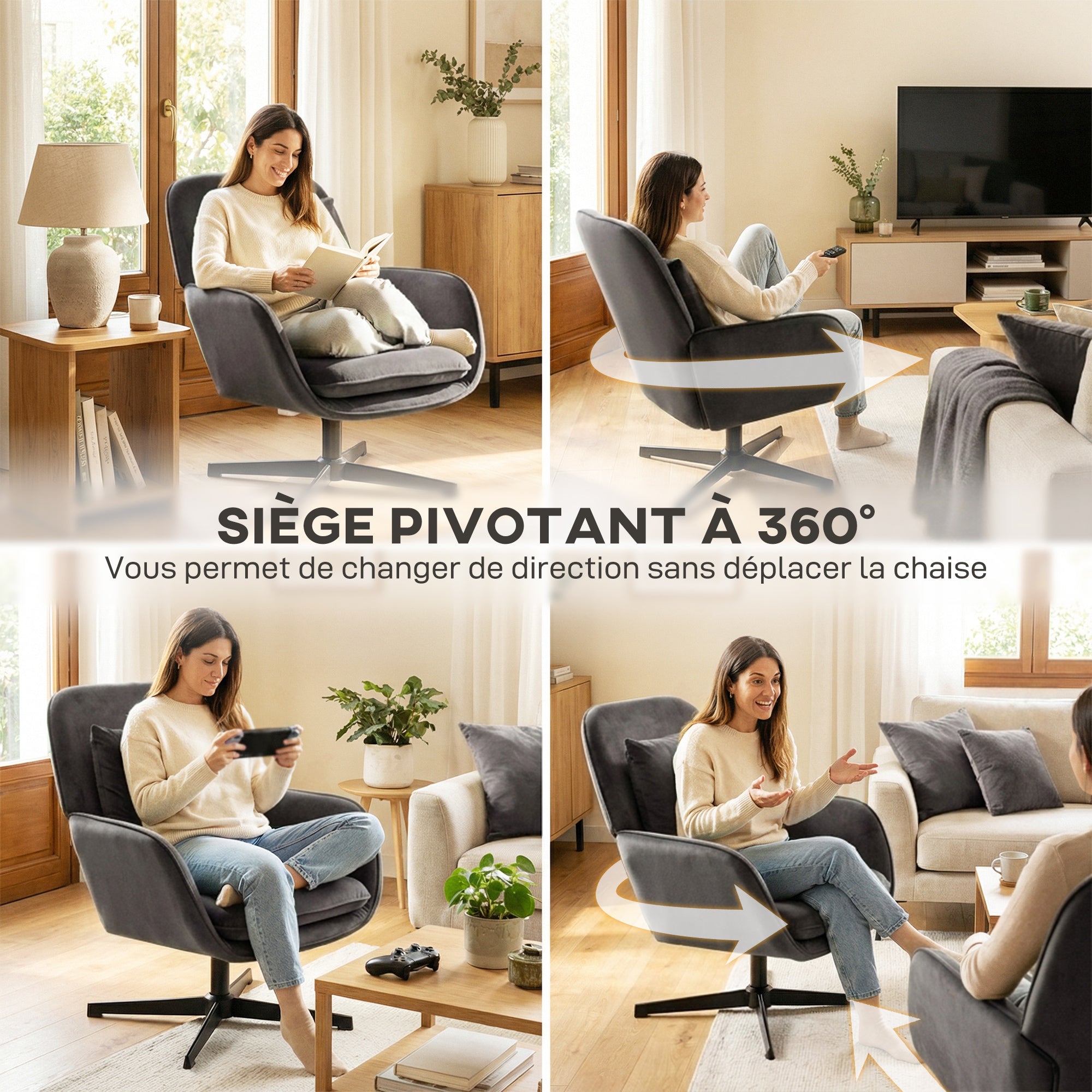 Fauteuil salon pivotant, fauteuil d'appoint rembourré en velours avec large assise, coussin et structure en métal, chaise de salon, chambre, coins lecture, gris foncé