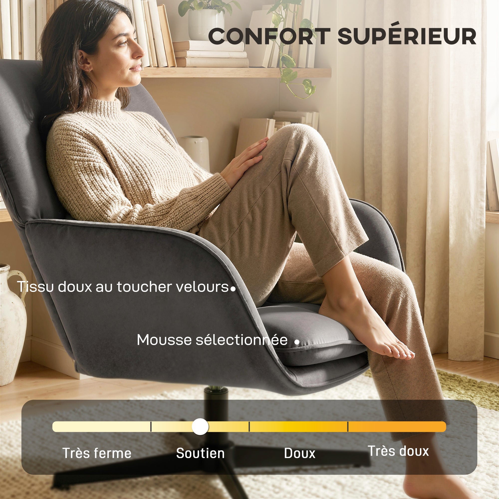 Fauteuil salon pivotant, fauteuil d'appoint rembourré en velours avec large assise, coussin et structure en métal, chaise de salon, chambre, coins lecture, gris foncé