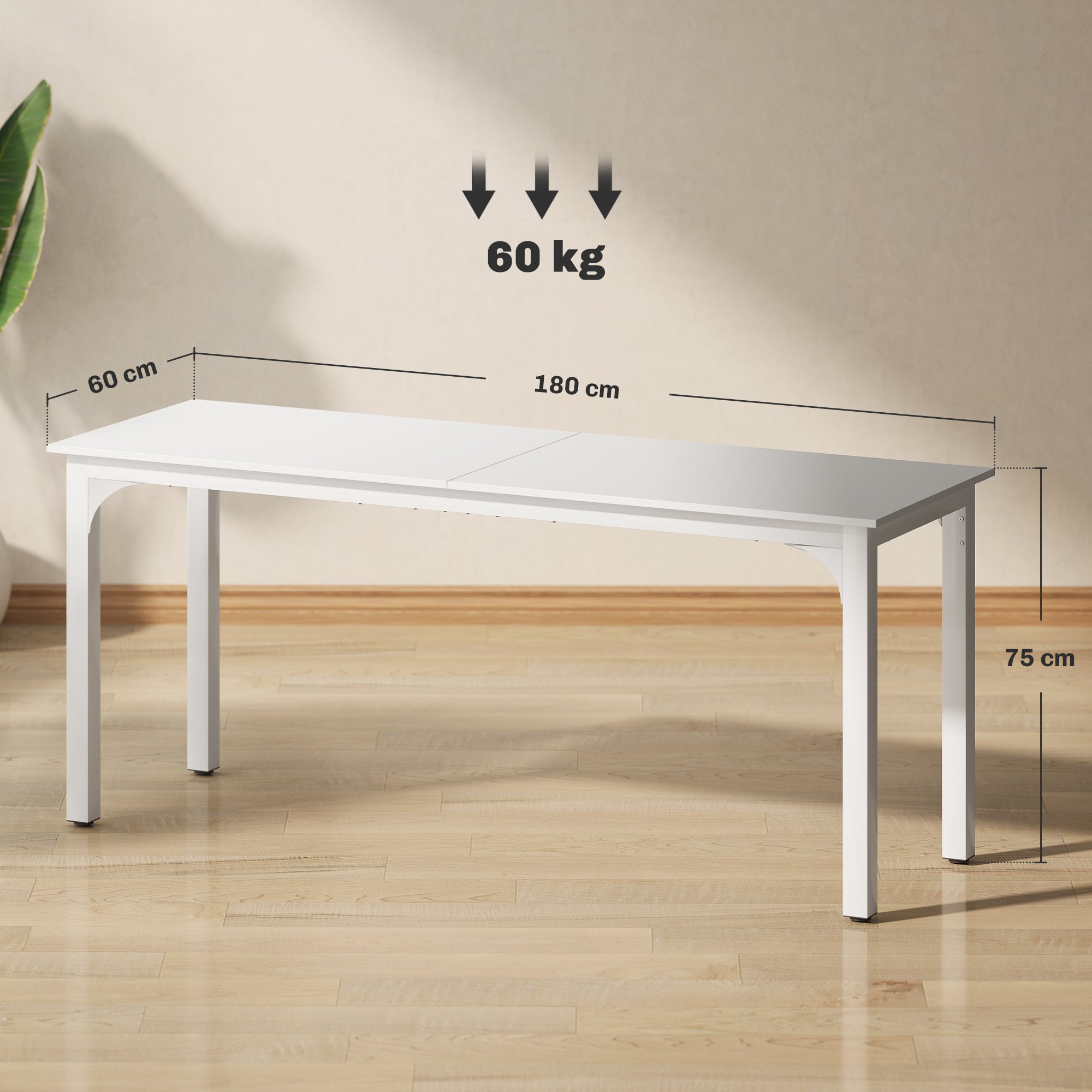Bureau, bureau d'ordinateur 180 cm avec large plateau pour 2 personnes, cadre en acier, table d'ordinateur pour travail à domicile ou étude, blanc