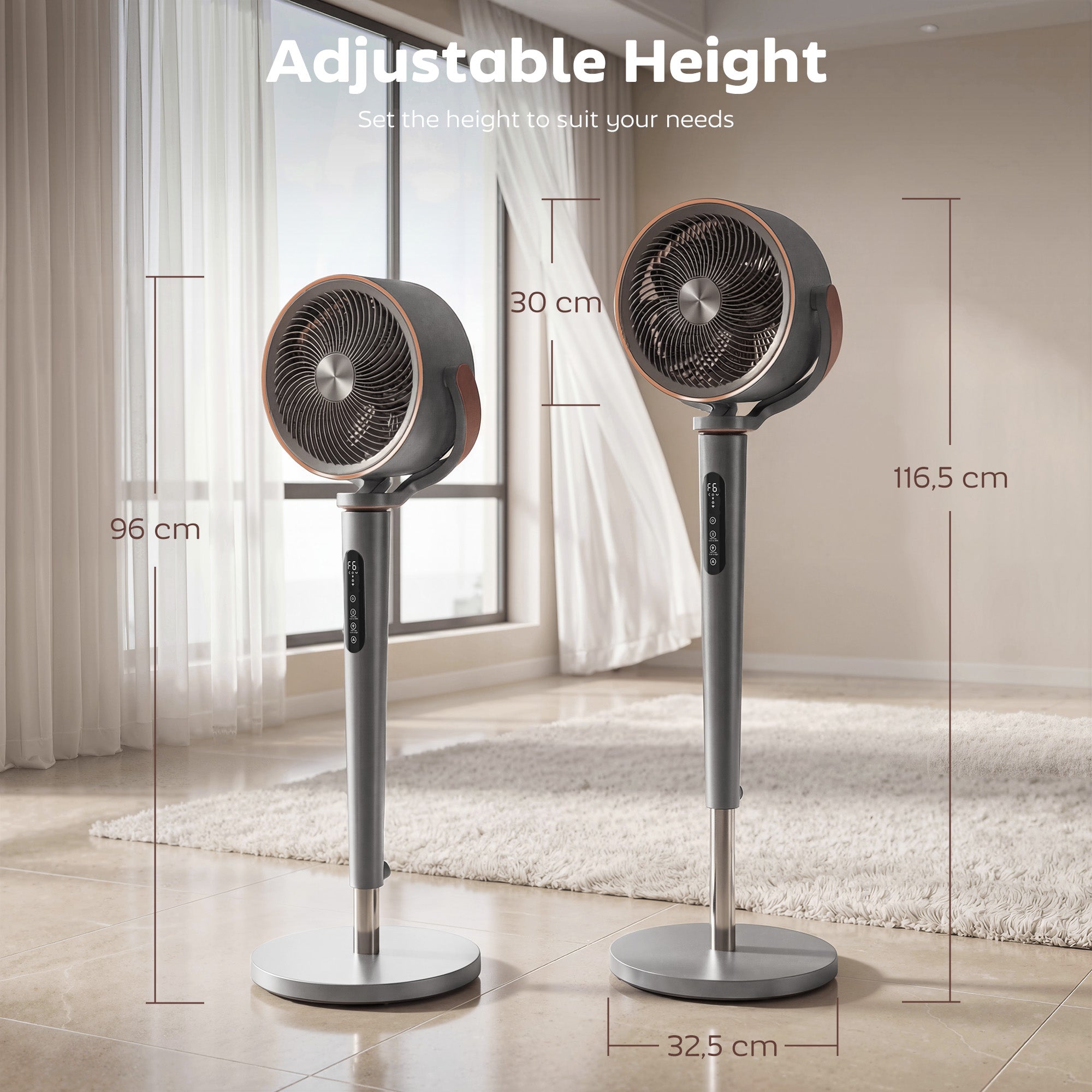 Ventilateur sur pied silencieux 20 dB pour chambre, télécommande, circulateur d'air, oscillation 70°+90°, 12 vitesses, minuterie 12H, lumière LED, moteur BLDC puissant, hauteur réglable, gris
