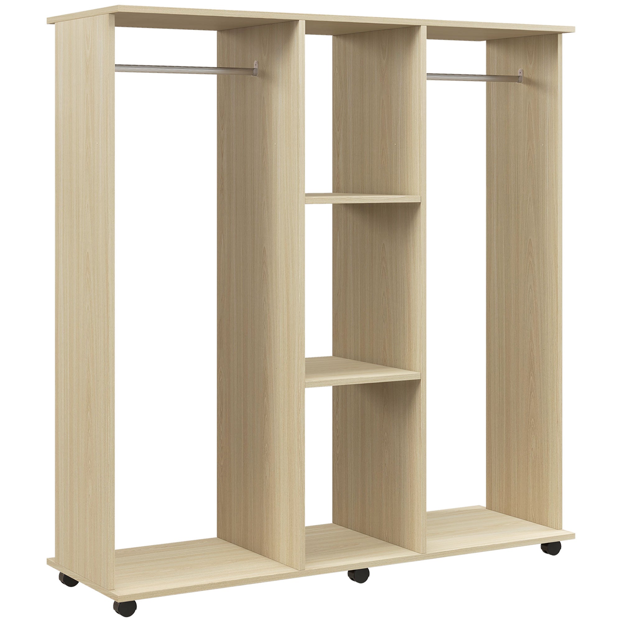 Armoire penderie Meuble de Rangement Mobile 6 roulettes 120L x 40l x 128H cm en bois Naturel
