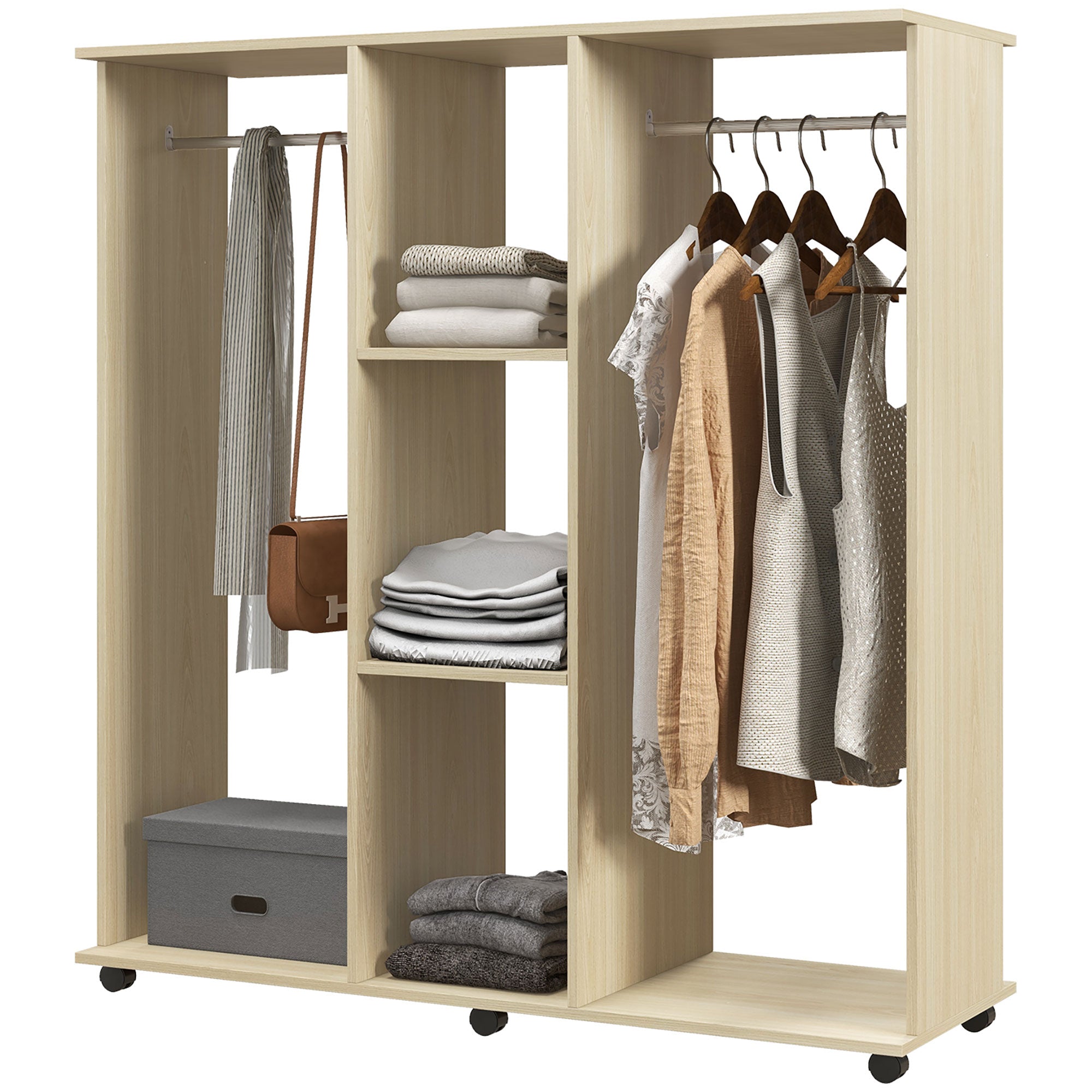 Armoire penderie Meuble de Rangement Mobile 6 roulettes 120L x 40l x 128H cm en bois Naturel