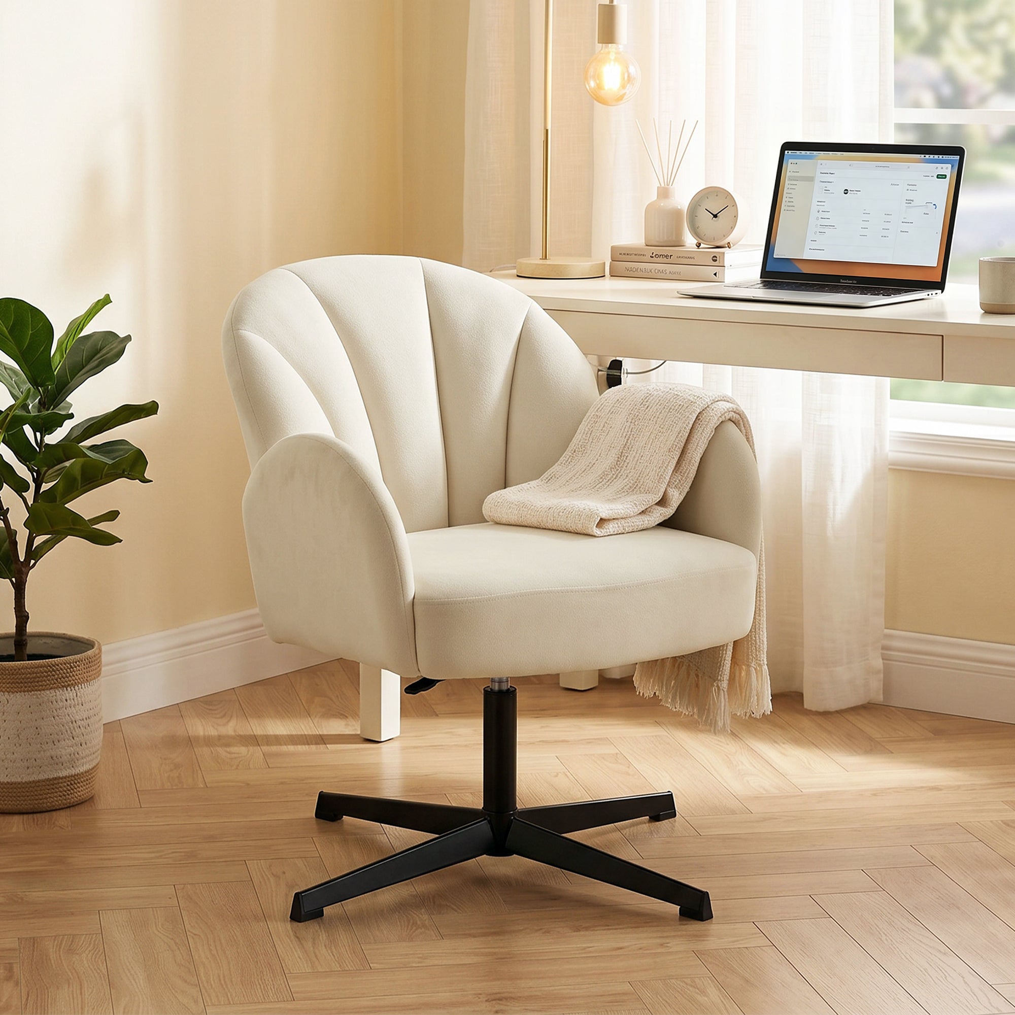 Fauteuil salon pivotant, fauteuil coquillage rembourré en velours avec coussin à ressorts, base en acier, chaise coiffeuse moderne, pour chambre, coins lecture, beige