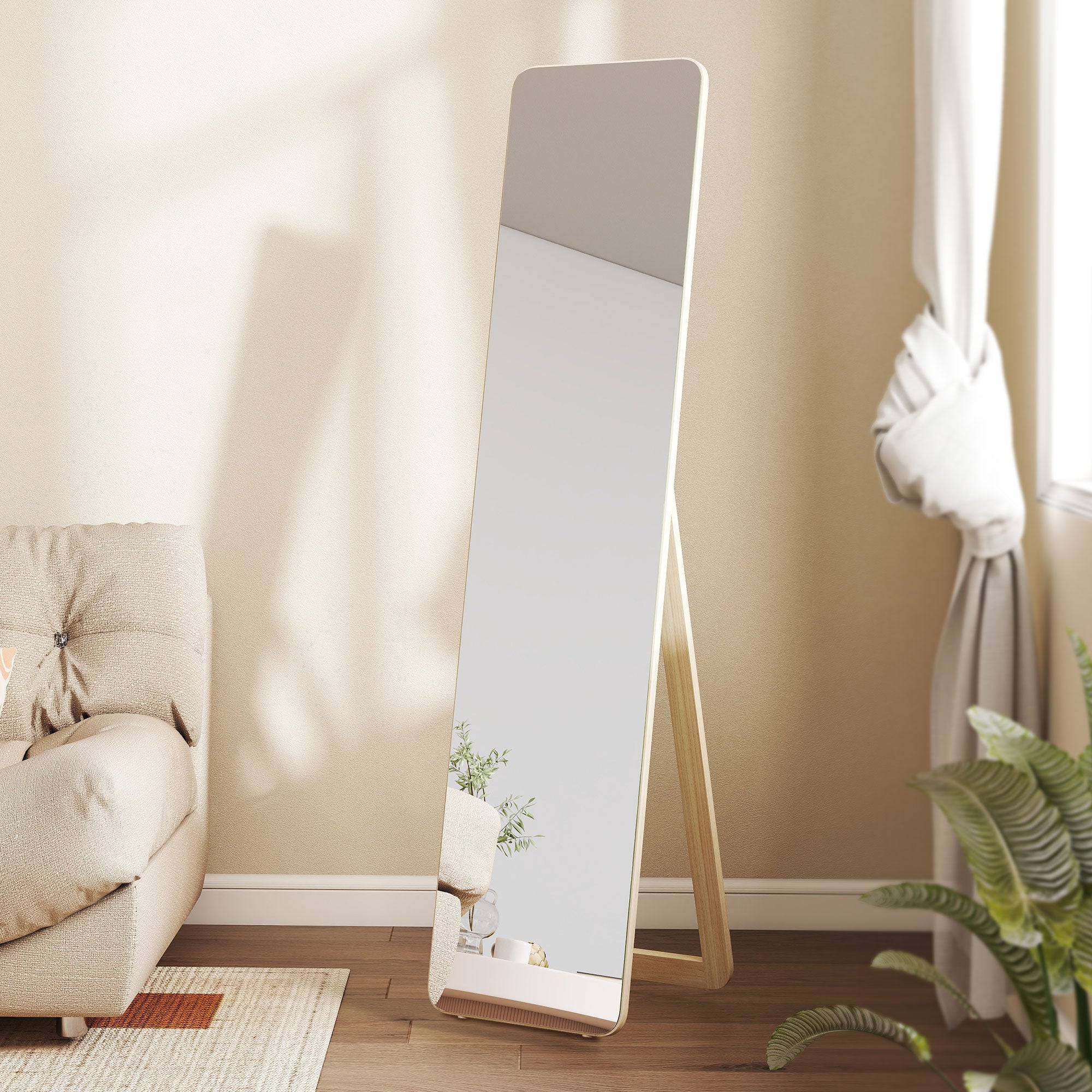 Grand miroir pleine longueur rectangulaire, 37 x 160 cm - miroir sur pied ou mural - pour chambre à coucher, salon et dressing, bois naturel