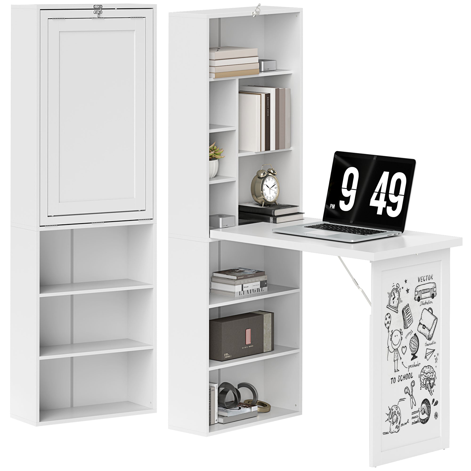 Bureau informatique pliable, bureau avec bibliothèque, poste de travail, tableau blanc, 9 compartiments ouverts et étagère réglable, table d'ordinateur pour chambre, 98x51x153cm, blanc
