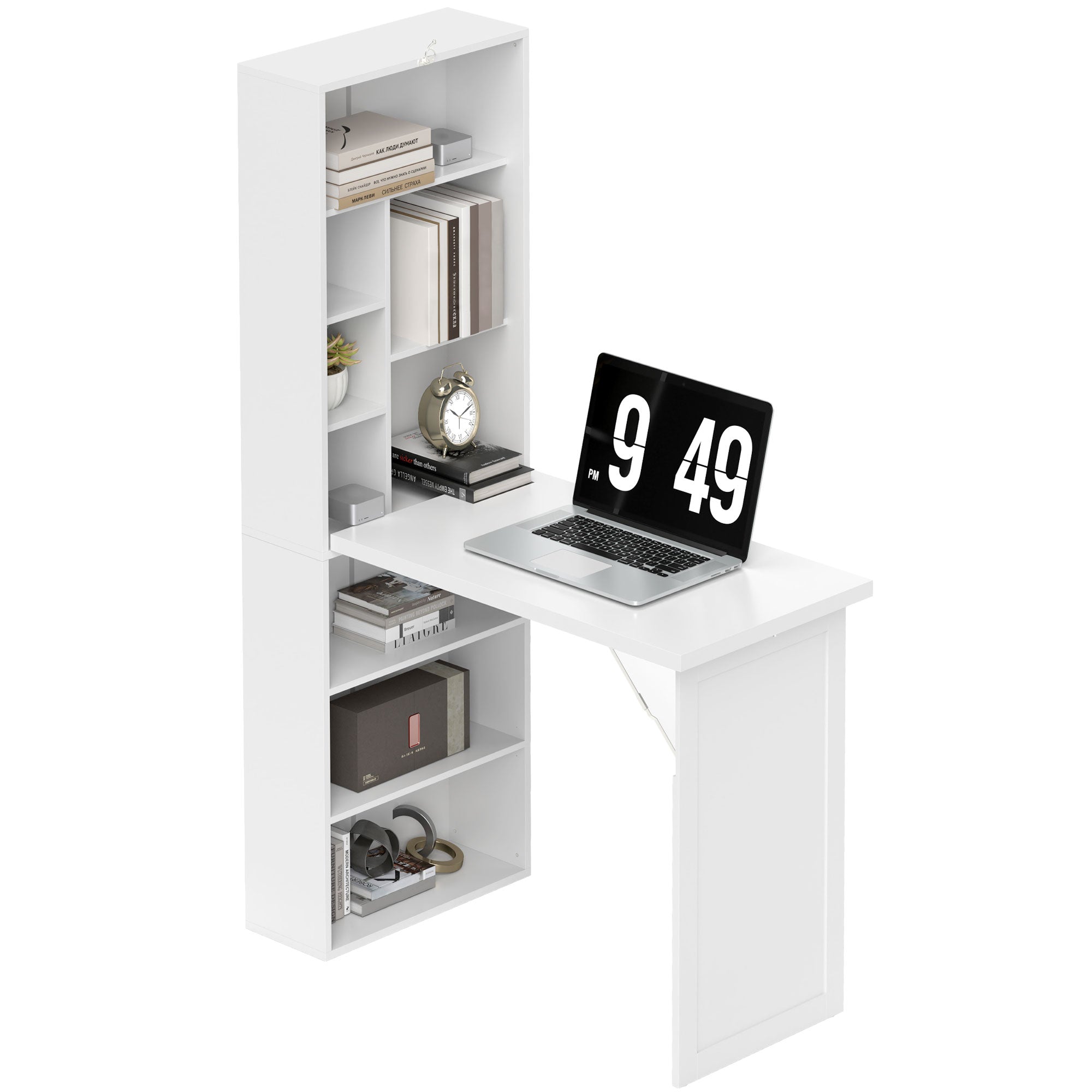 Bureau informatique pliable, bureau avec bibliothèque, poste de travail, tableau blanc, 9 compartiments ouverts et étagère réglable, table d'ordinateur pour chambre, 98x51x153cm, blanc