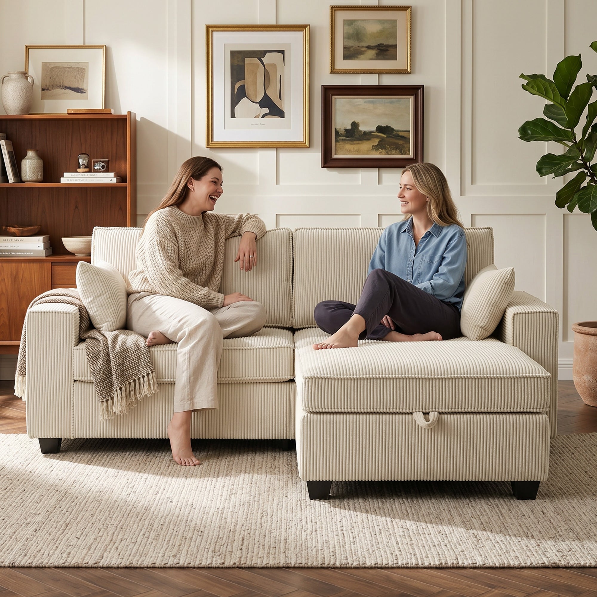 Canapé 3 Places avec Pouf de Rangement, Canapé d'Angle en Velours Côtelé 216 cm, Assise Large, Accoudoirs Larges, 2 Coussins, Coussins à Ressorts, Poches Latérales, pour Salon, Chambre, Beige