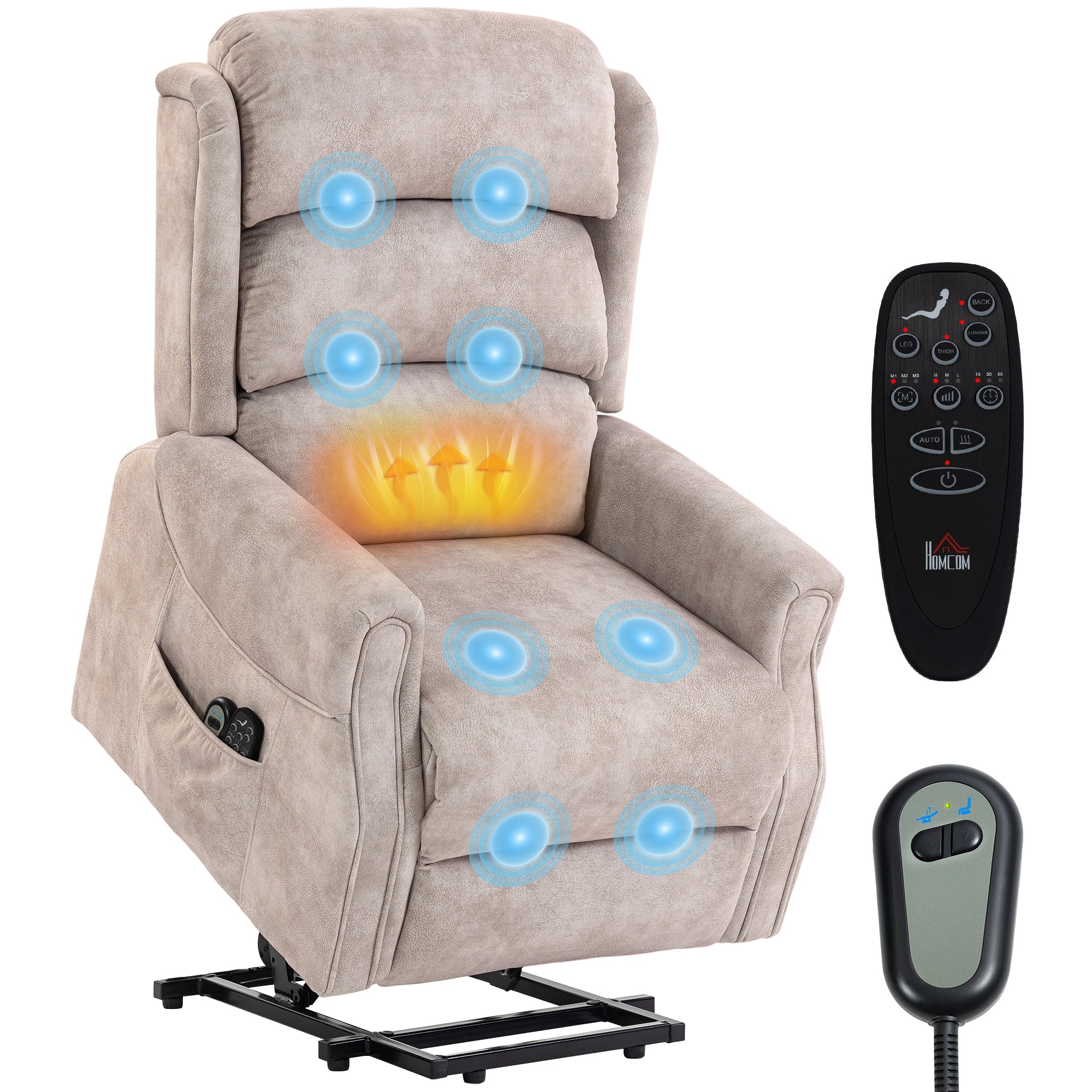 Fauteuil releveur électrique massage vibration et chaleur fauteuil relax électrique velours dossier inclinable coussin à ressorts poches latérales télécommande repose-pieds montage facile beige