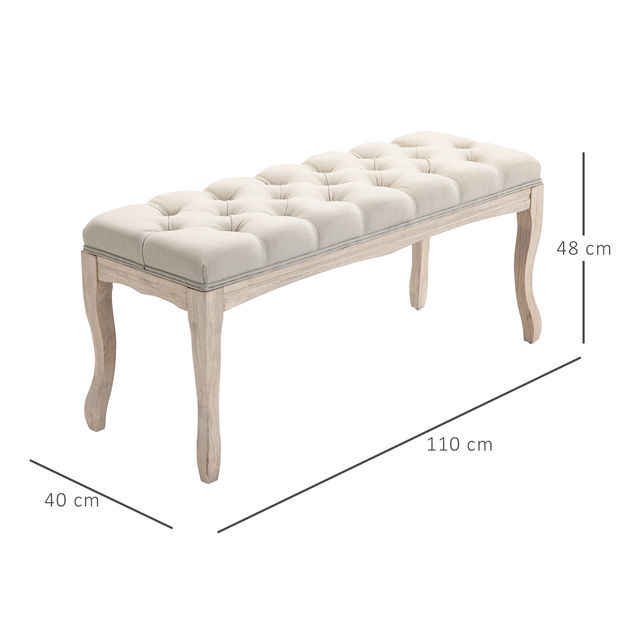 Banc Banquette capitonnée Style Classique 110 cm Bout de lit Rembourrée en lin piètement Bois hévéa sculpté Lin Beige