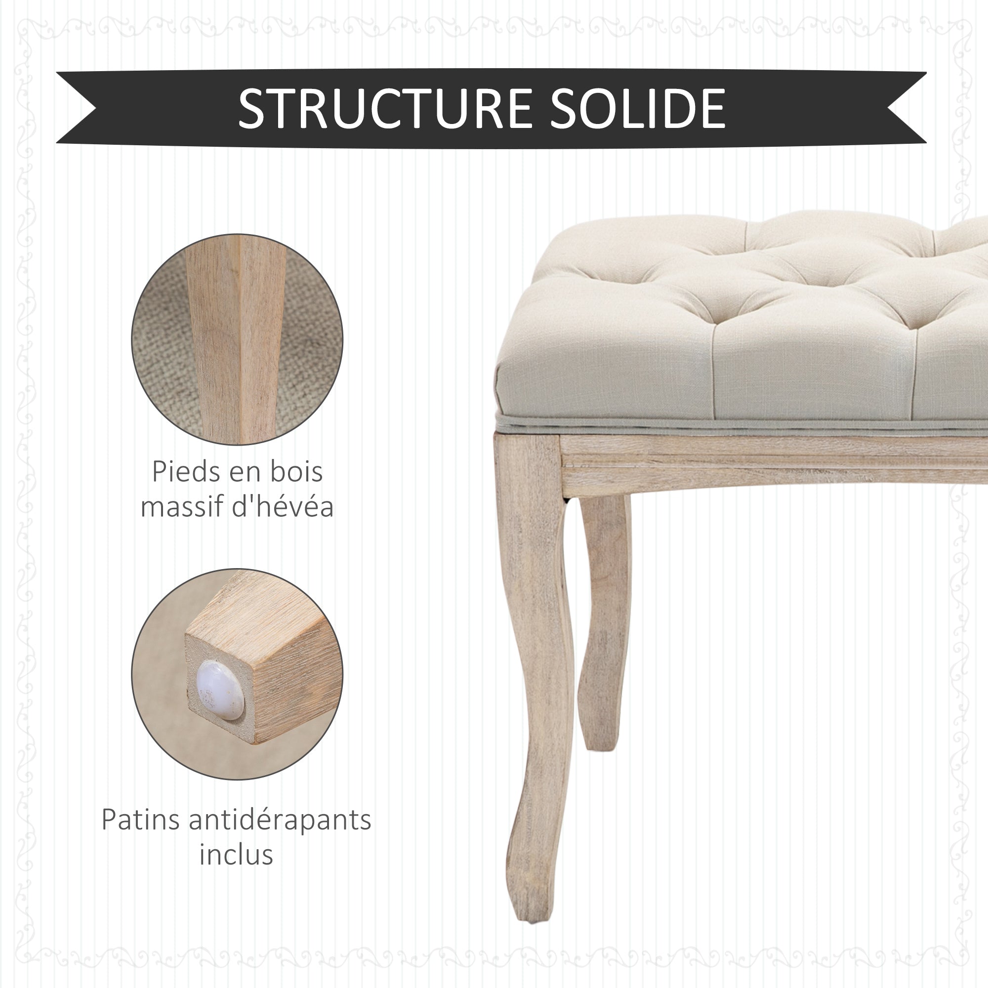Banc Banquette capitonnée Style Classique 110 cm Bout de lit Rembourrée en lin piètement Bois hévéa sculpté Lin Beige