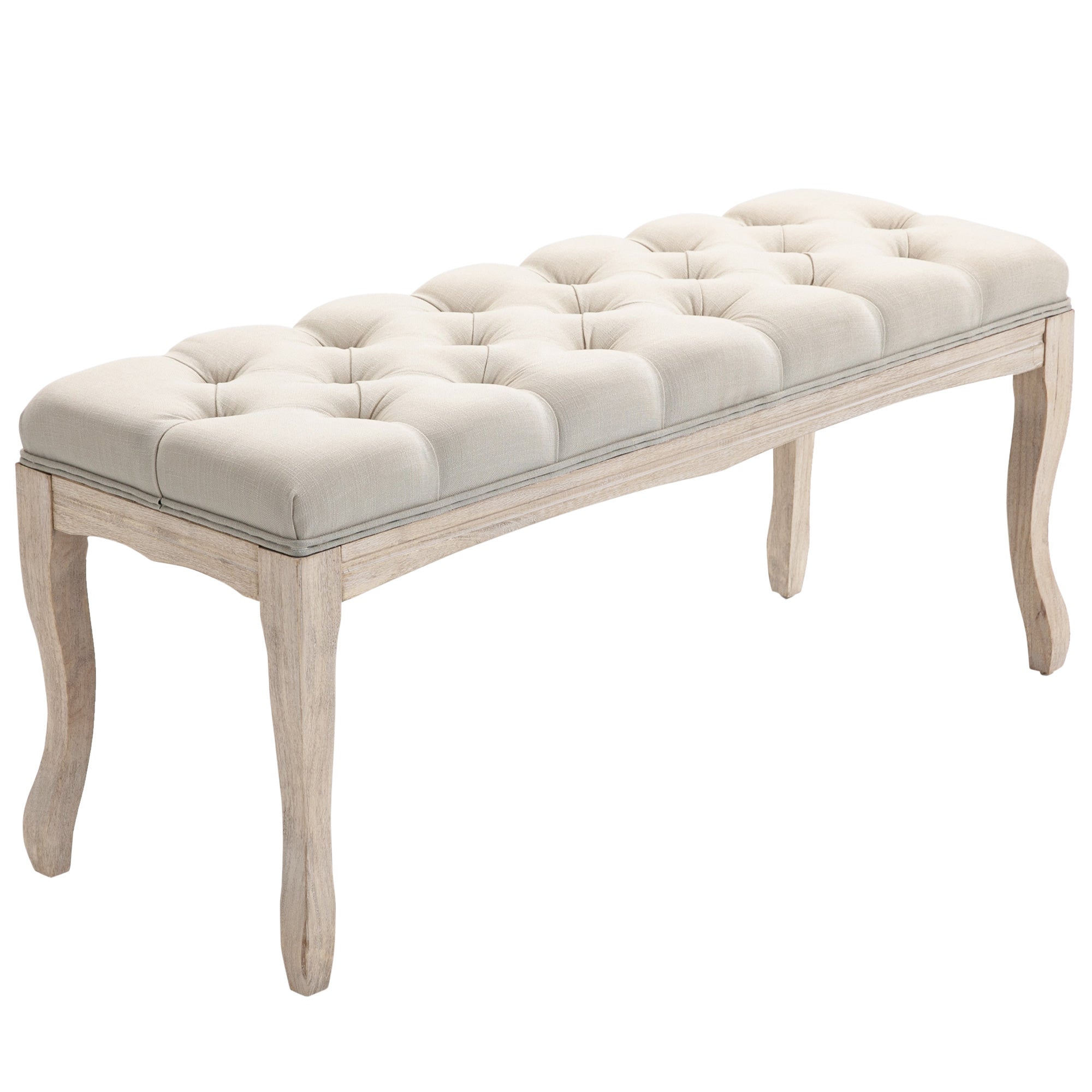 Banc Banquette capitonnée Style Classique 110 cm Bout de lit Rembourrée en lin piètement Bois hévéa sculpté Lin Beige