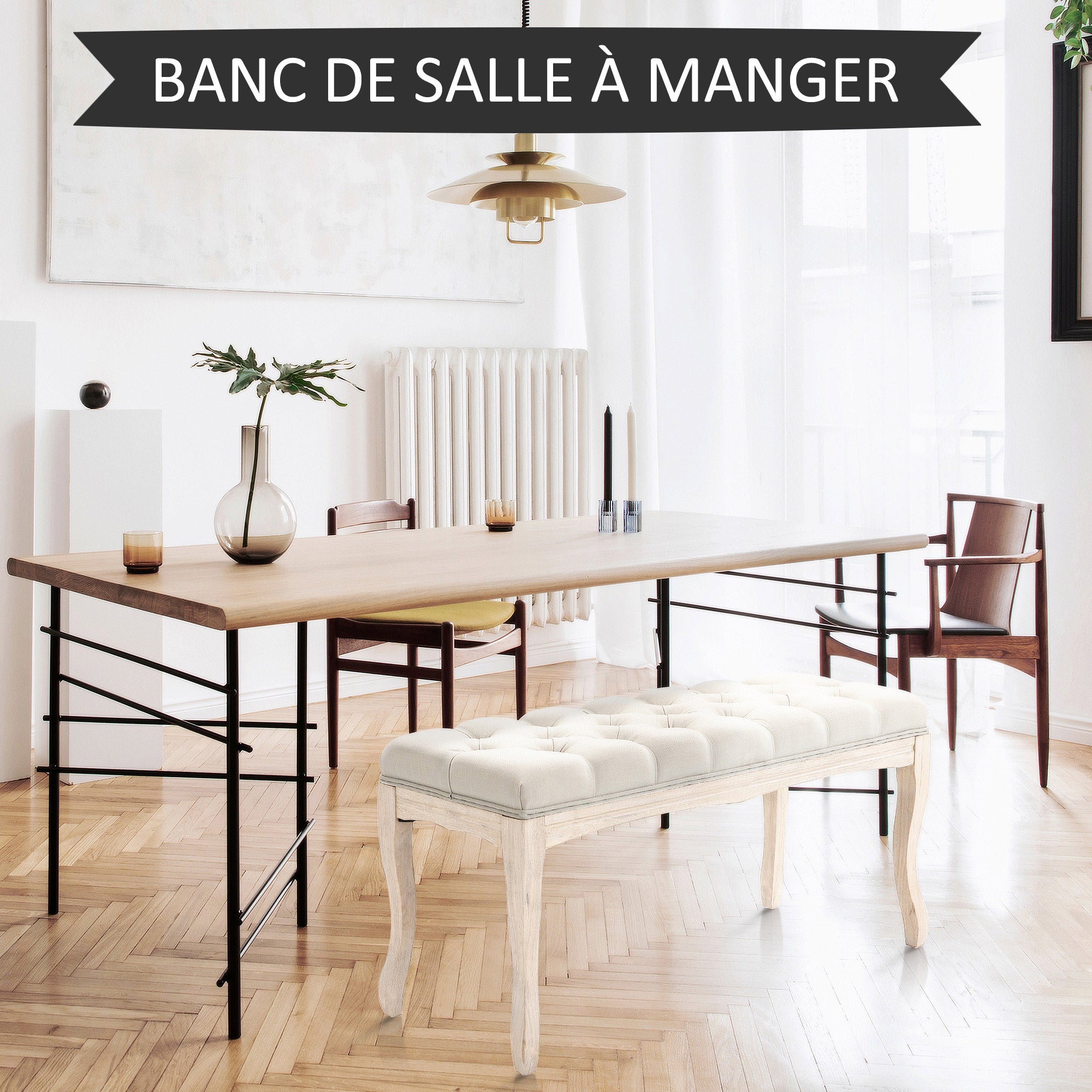 Banc Banquette capitonnée Style Classique 110 cm Bout de lit Rembourrée en lin piètement Bois hévéa sculpté Lin Beige