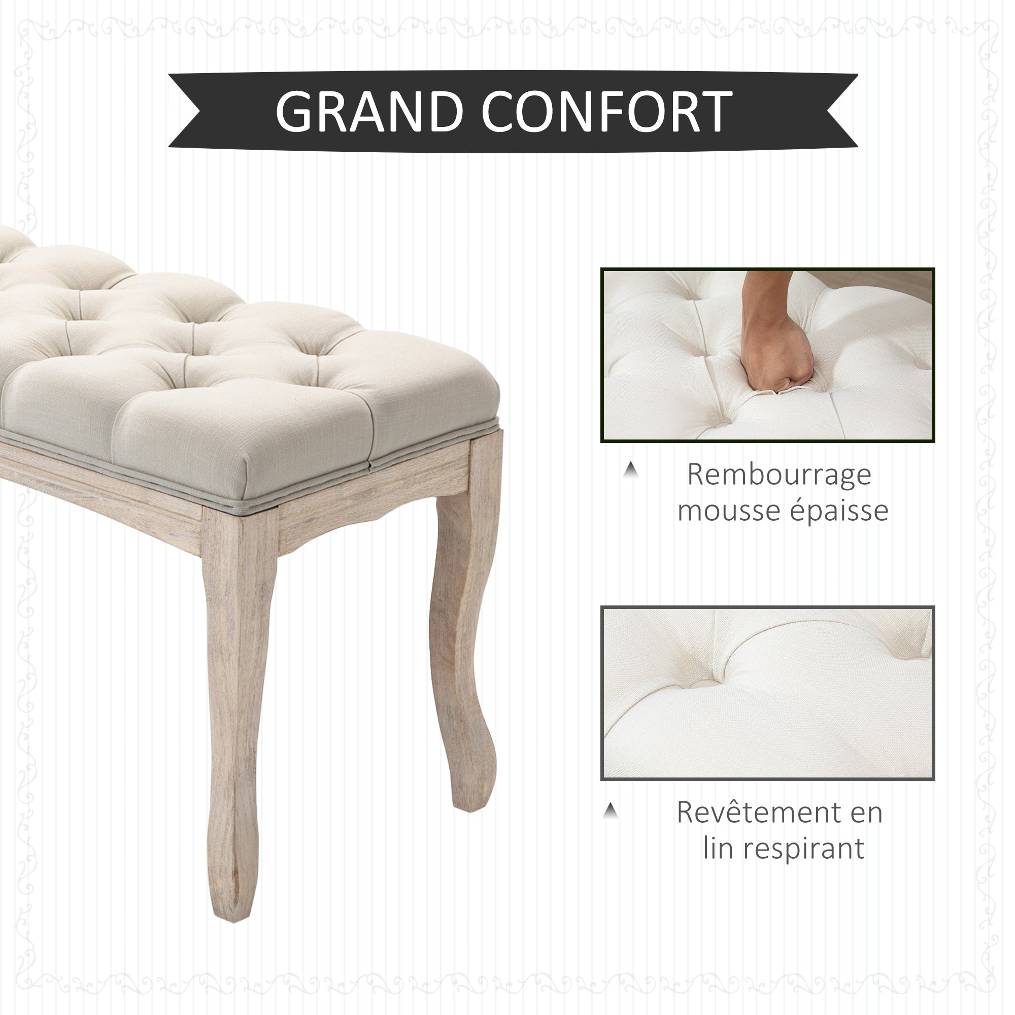 Banc Banquette capitonnée Style Classique 110 cm Bout de lit Rembourrée en lin piètement Bois hévéa sculpté Lin Beige