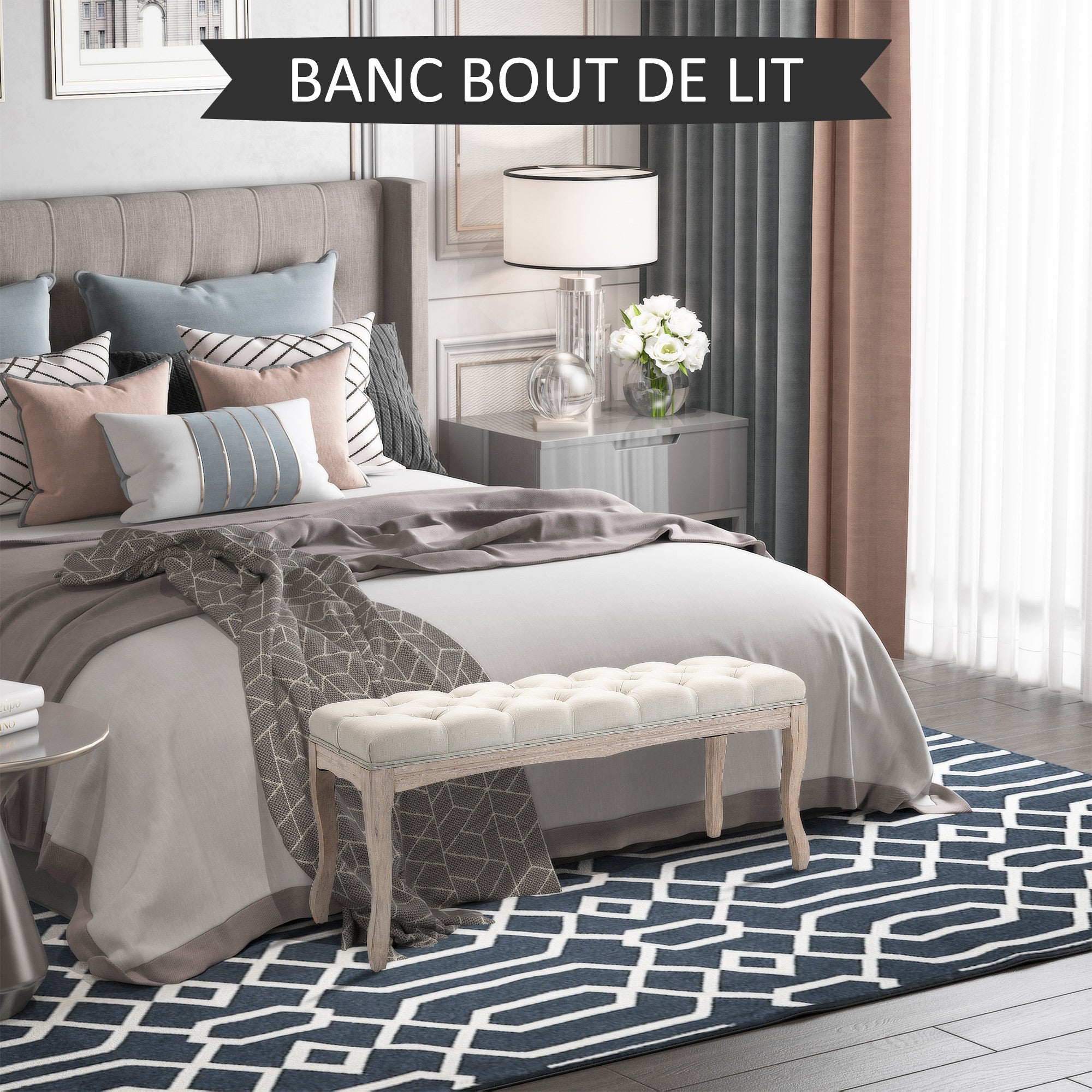 Banc Banquette capitonnée Style Classique 110 cm Bout de lit Rembourrée en lin piètement Bois hévéa sculpté Lin Beige