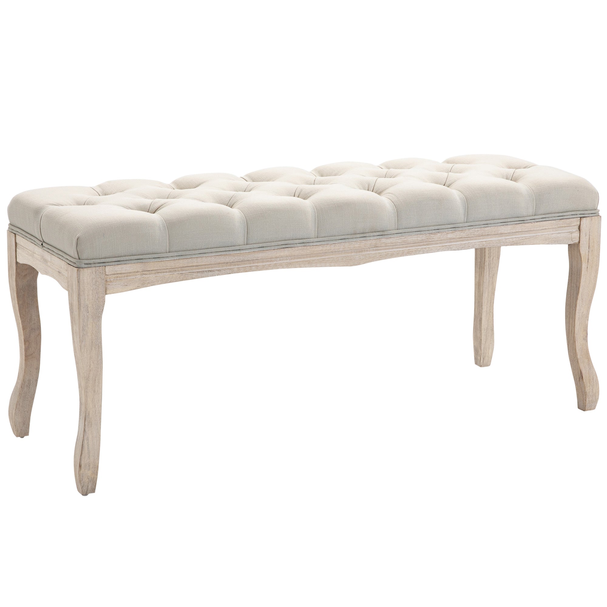 Banc Banquette capitonnée Style Classique 110 cm Bout de lit Rembourrée en lin piètement Bois hévéa sculpté Lin Beige