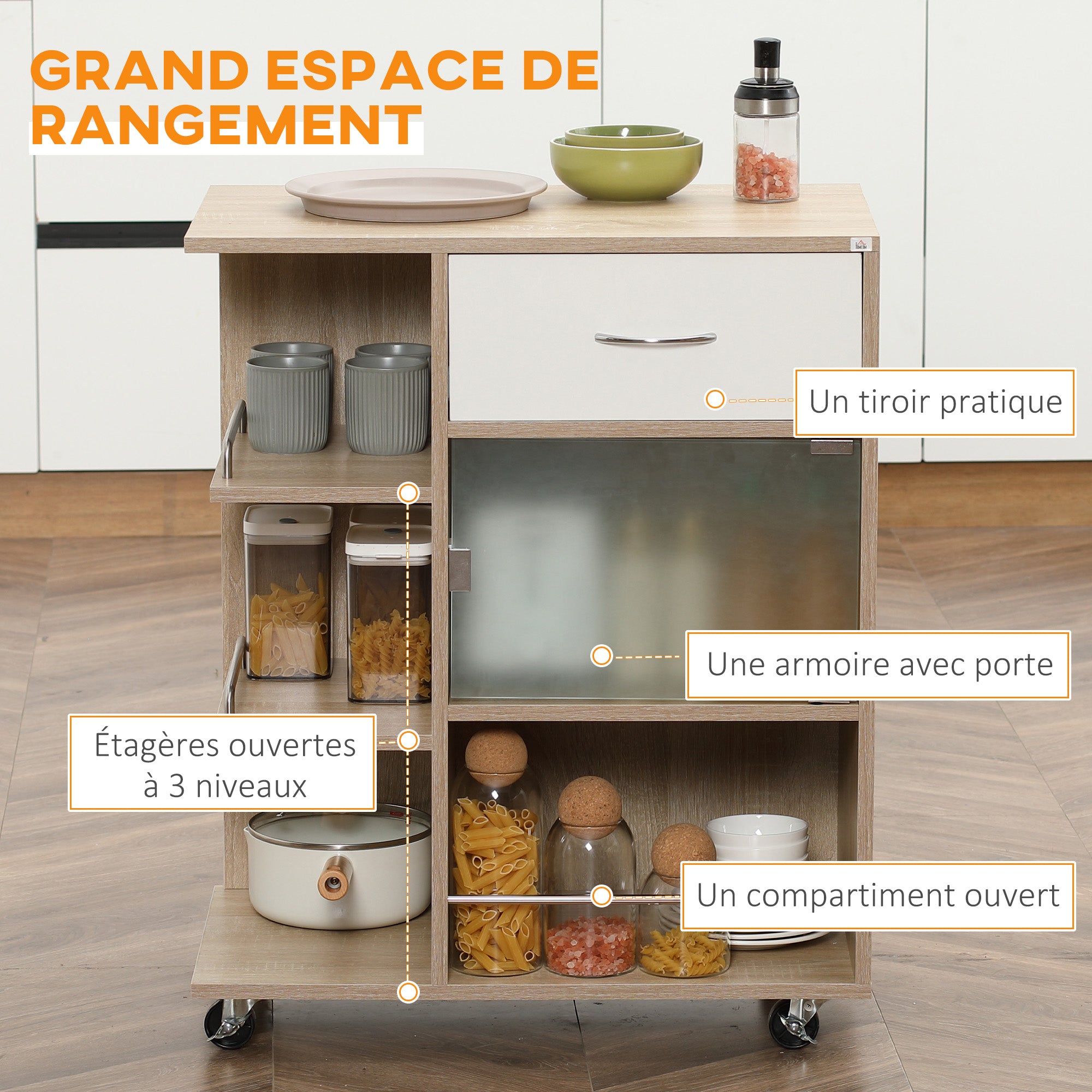 Desserte de cuisine, chariot de service, roues pivotantes 360°, étagères avec barrières, îlot central cuisine, avec tiroir, étagères, placard, 65 x 39 x 80 cm, naturel