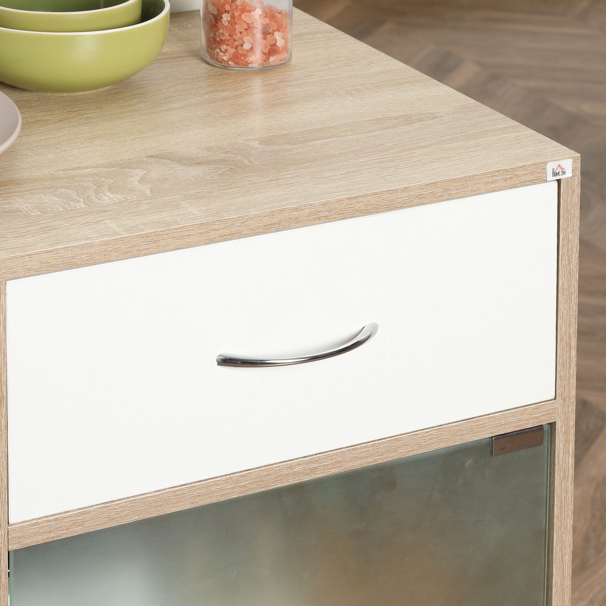 Desserte de cuisine, chariot de service, roues pivotantes 360°, étagères avec barrières, îlot central cuisine, avec tiroir, étagères, placard, 65 x 39 x 80 cm, naturel