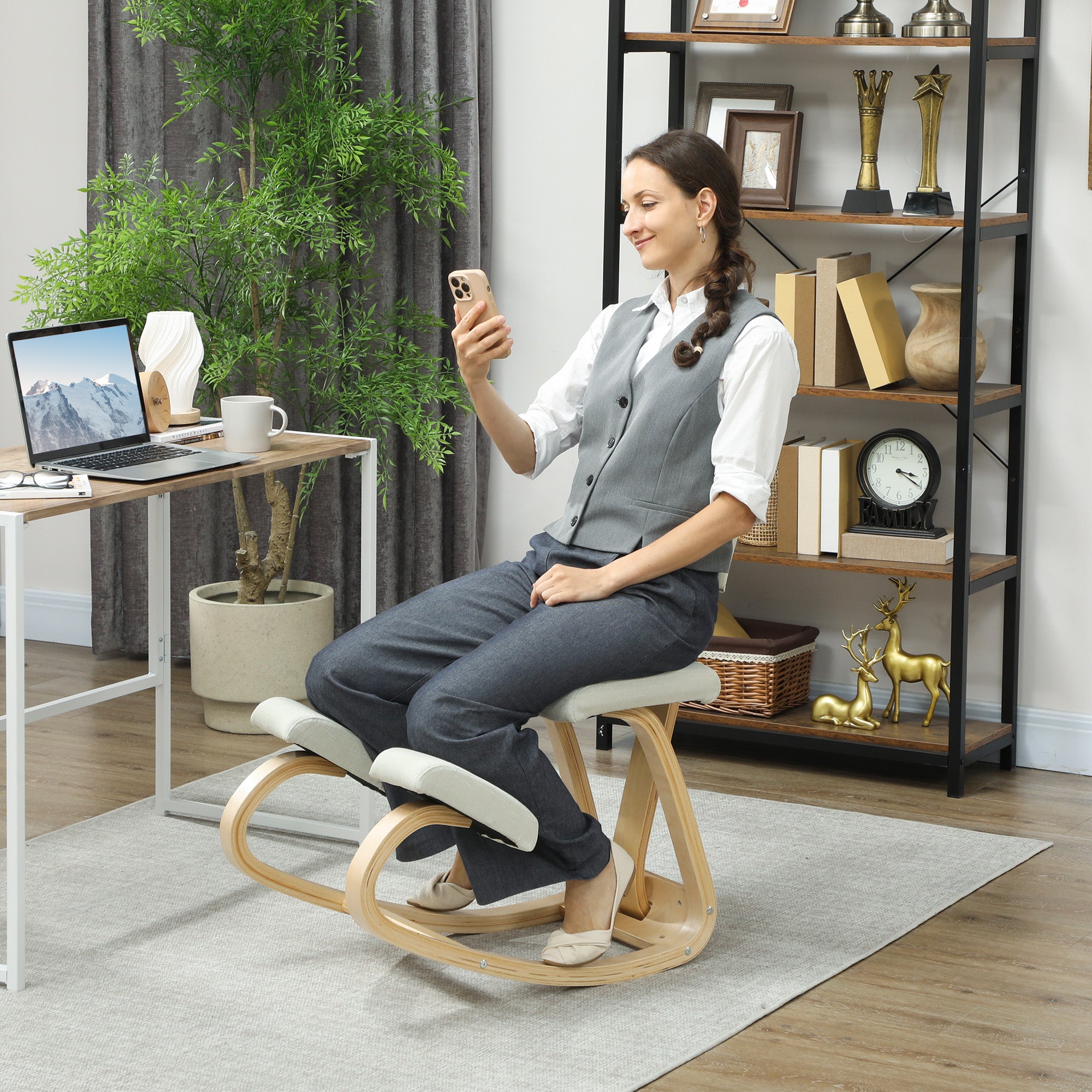 Chaise à genoux ergonomique avec dossier, siège assis genoux à bascule, tabouret ergonomique en bois, tabouret bureau orthopédique, correcteur de posture, soulager les douleurs au dos, crème