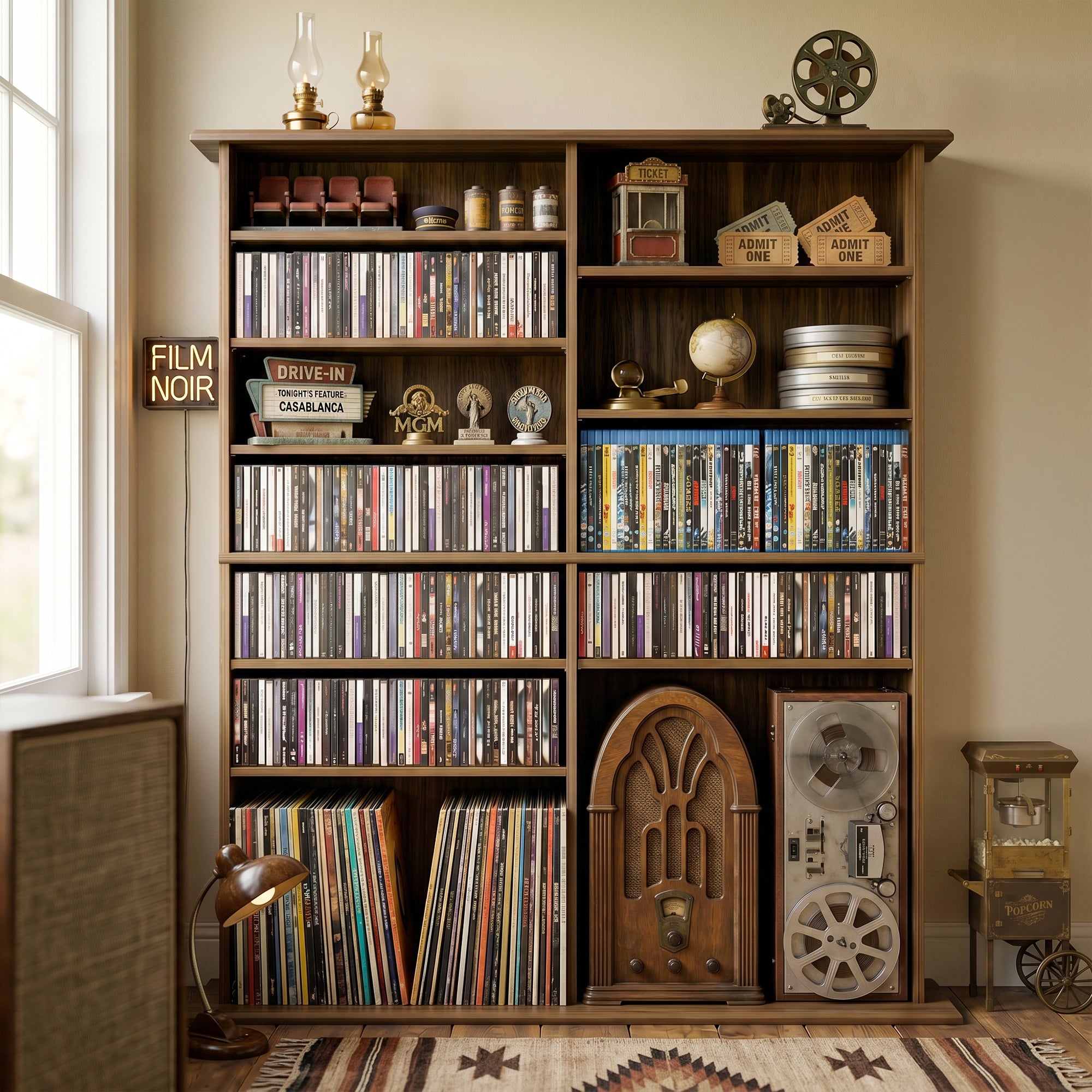 Rangements pour CD et DVD, meuble de rangement multimédia, capacité 720 CD/396 DVD et Blu-ray, 16 compartiments et 12 étagères réglables, pour salon, chambre, 106,5x24x126,3cm, noyer
