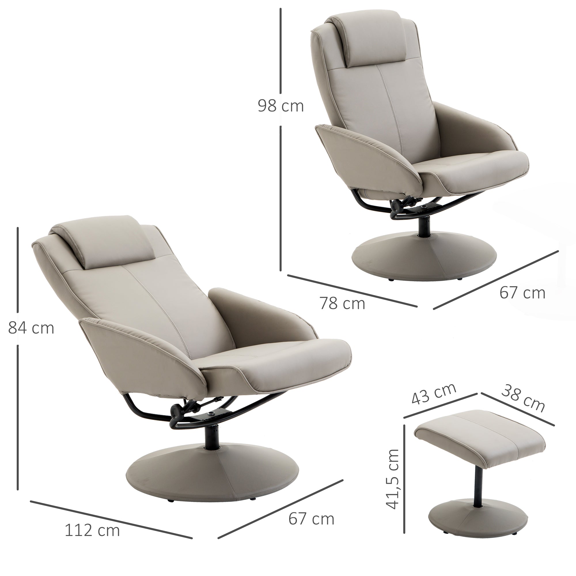 Fauteuil Relax inclinable Style Contemporain avec Repose-Pieds revêtement synthétique Acier Gris