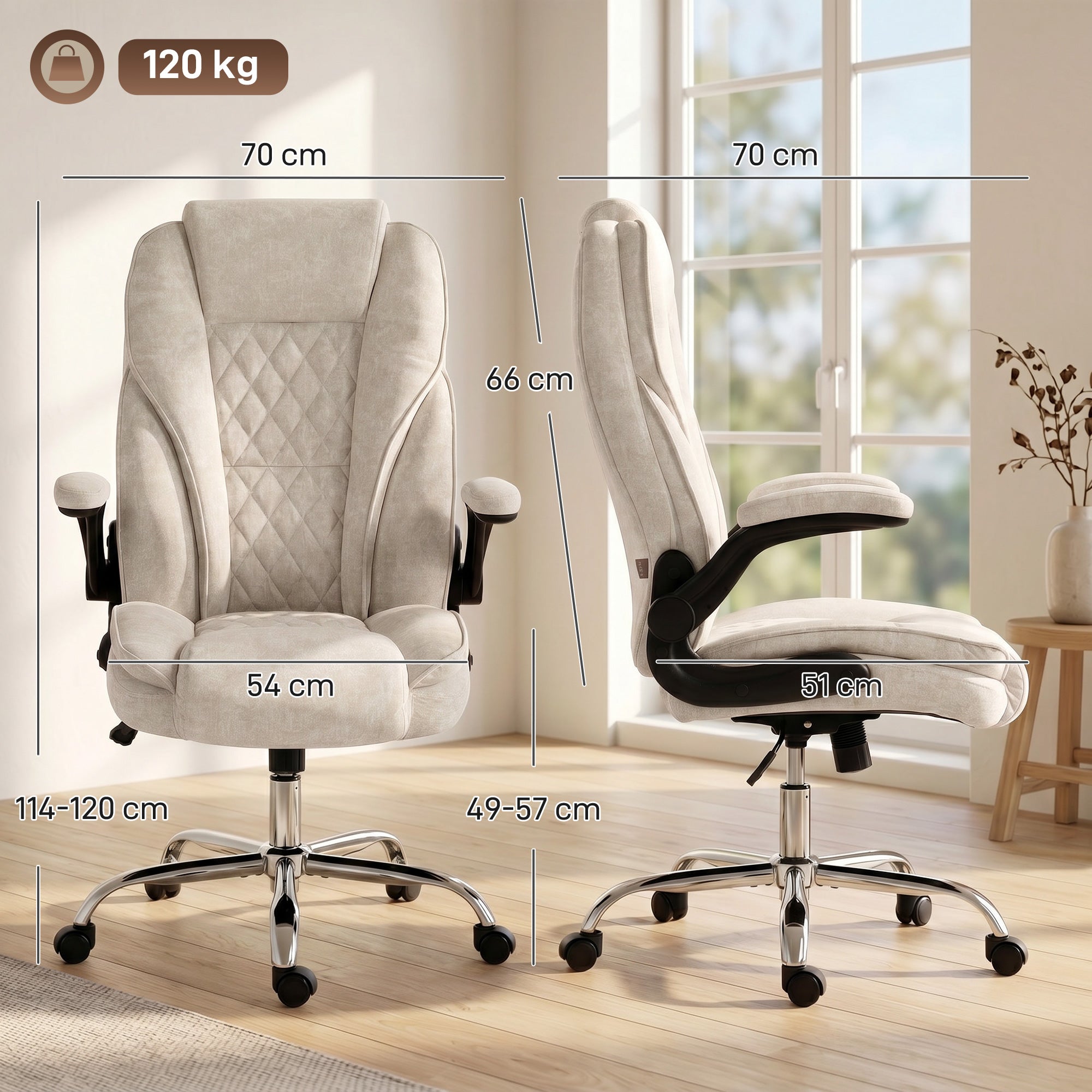 Fauteuil de bureau, chaise bureau ergonomique avec large assise rembourrée, hauteur réglable, accoudoirs relevables, dossier haut, pivotant 360°, tissu en velours, charge 120 Kg, beige