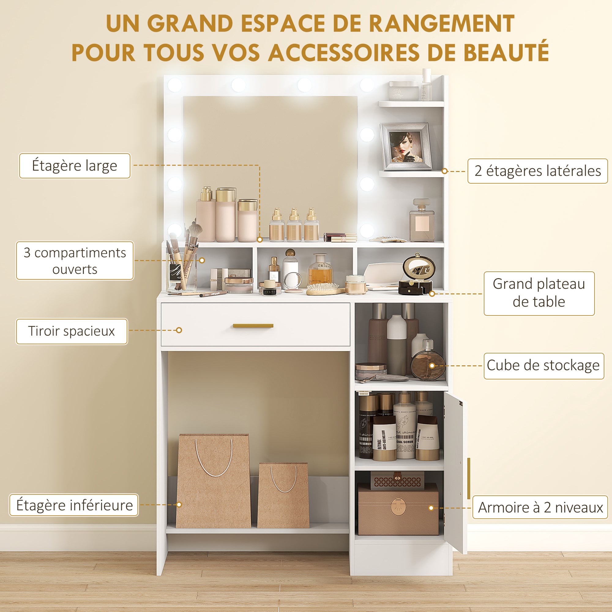 Coiffeuse avec miroir LED, table de maquillage moderne avec 10 lumières LED à 3 couleurs réglables, grand miroir, tiroir, placard et étagères ouvertes, pour chambre à coucher, blanc