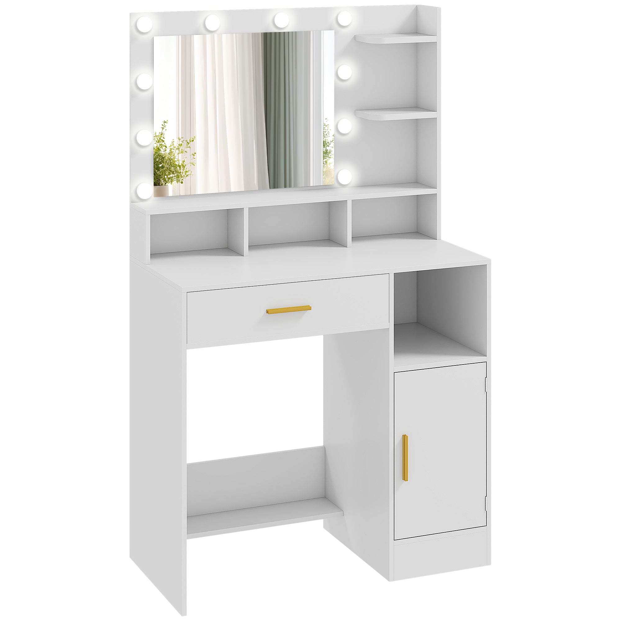 Coiffeuse avec miroir LED, table de maquillage moderne avec 10 lumières LED à 3 couleurs réglables, grand miroir, tiroir, placard et étagères ouvertes, pour chambre à coucher, blanc