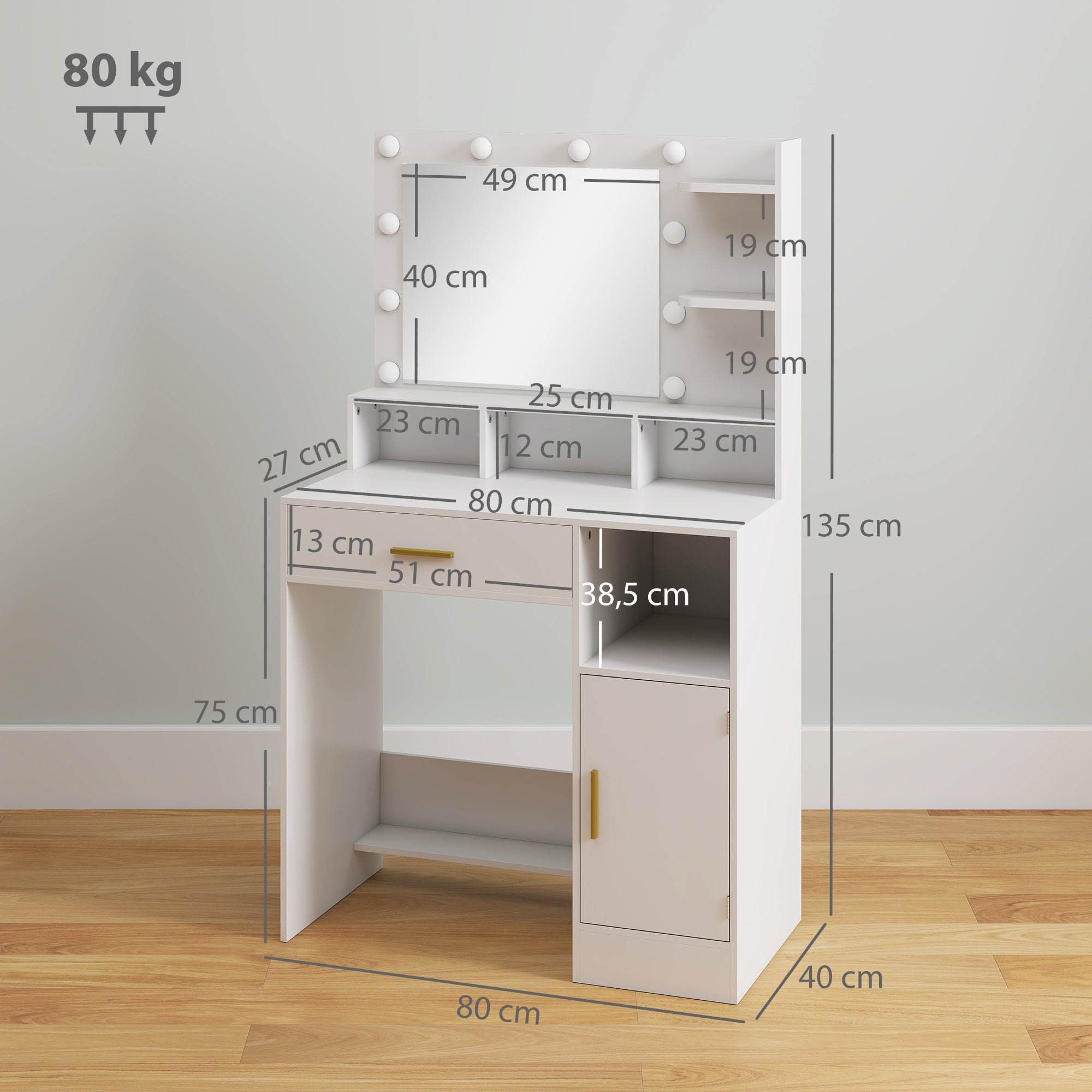Coiffeuse avec miroir LED, table de maquillage moderne avec 10 lumières LED à 3 couleurs réglables, grand miroir, tiroir, placard et étagères ouvertes, pour chambre à coucher, blanc