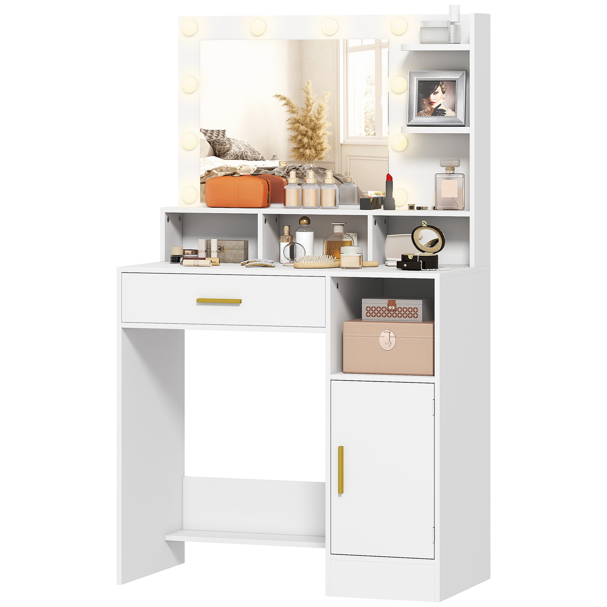Coiffeuse avec miroir LED, table de maquillage moderne avec 10 lumières LED à 3 couleurs réglables, grand miroir, tiroir, placard et étagères ouvertes, pour chambre à coucher, blanc