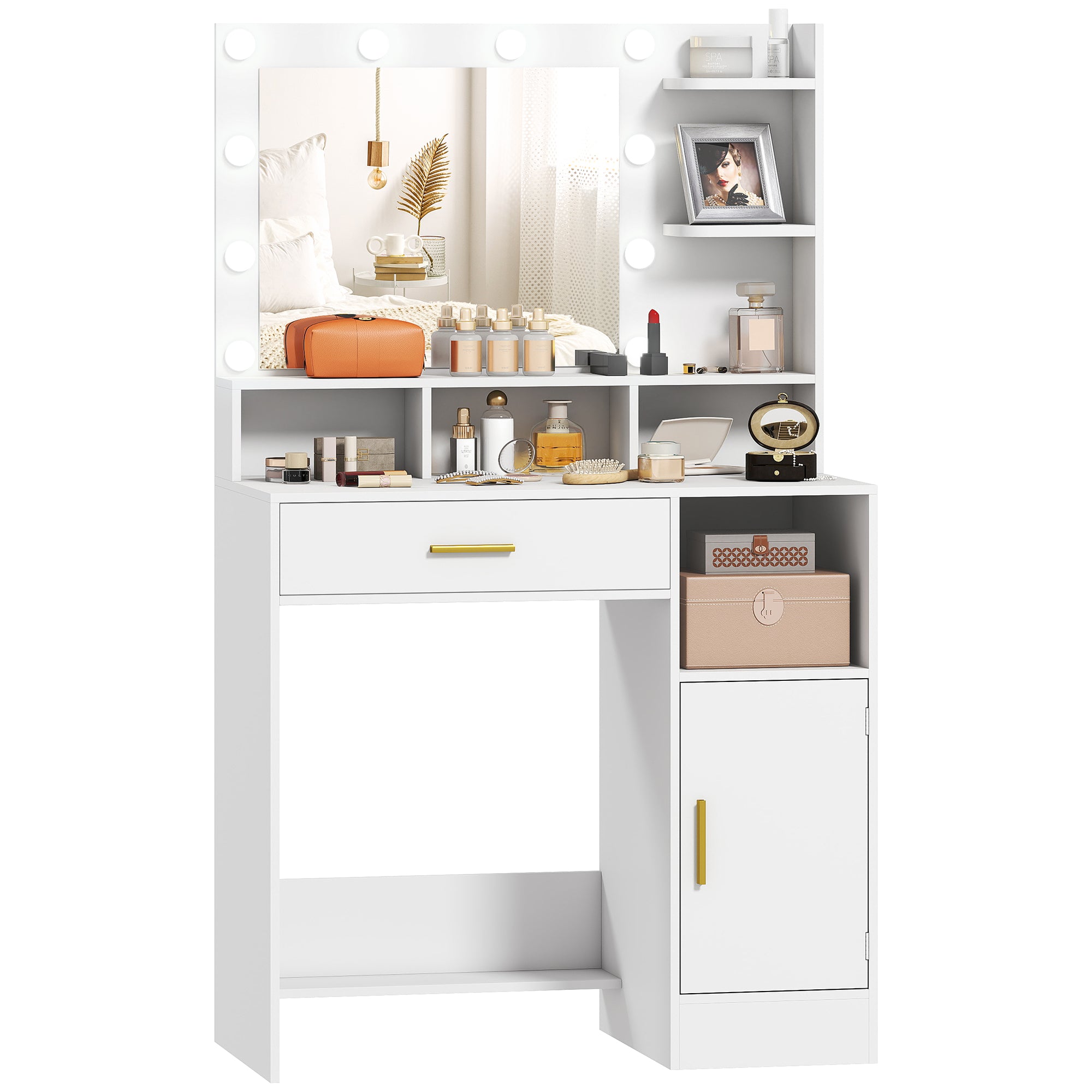 Coiffeuse avec miroir LED, table de maquillage moderne avec 10 lumières LED à 3 couleurs réglables, grand miroir, tiroir, placard et étagères ouvertes, pour chambre à coucher, blanc