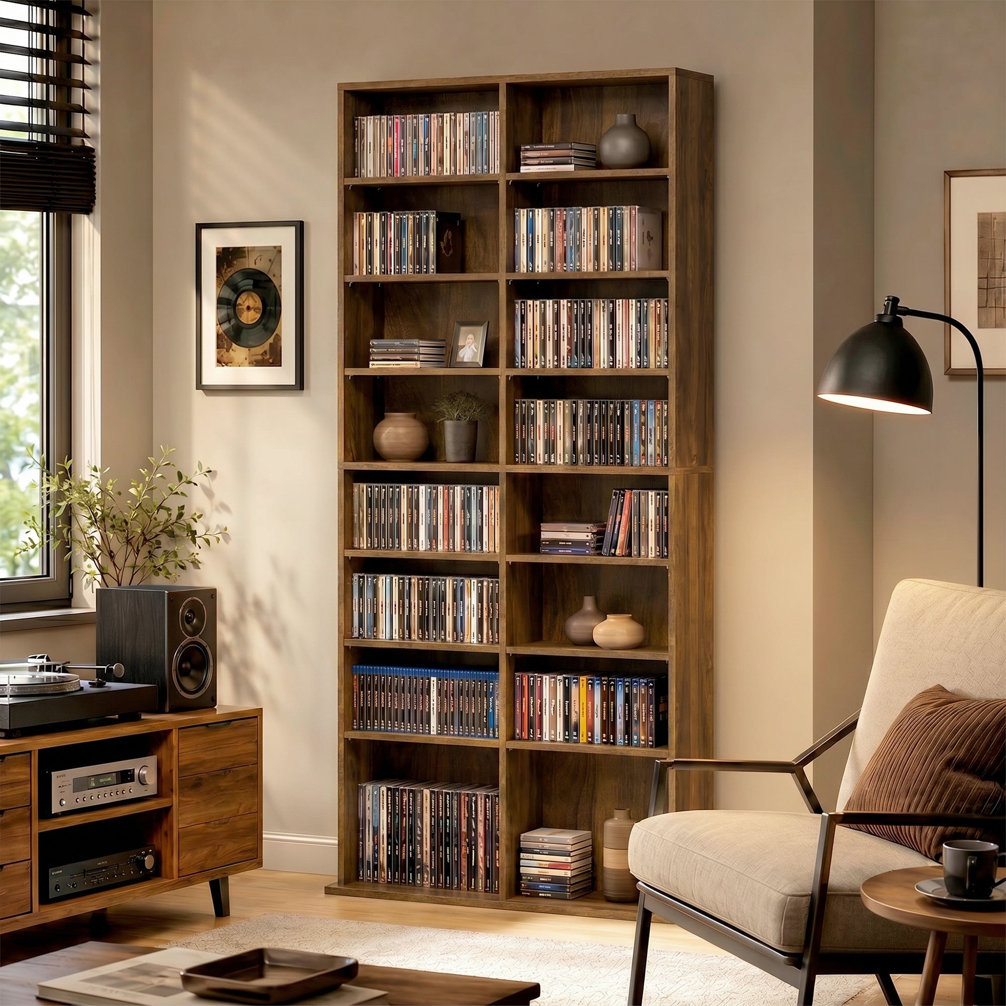 Rangements pour CD et DVD, meuble de rangement multimédia, capacité max. 640 CD/360 DVD et 430 Blu-ray, 18 compartiments 14 étagères réglables, pour salon, chambre, 78,5x24x175cm, noyer foncé