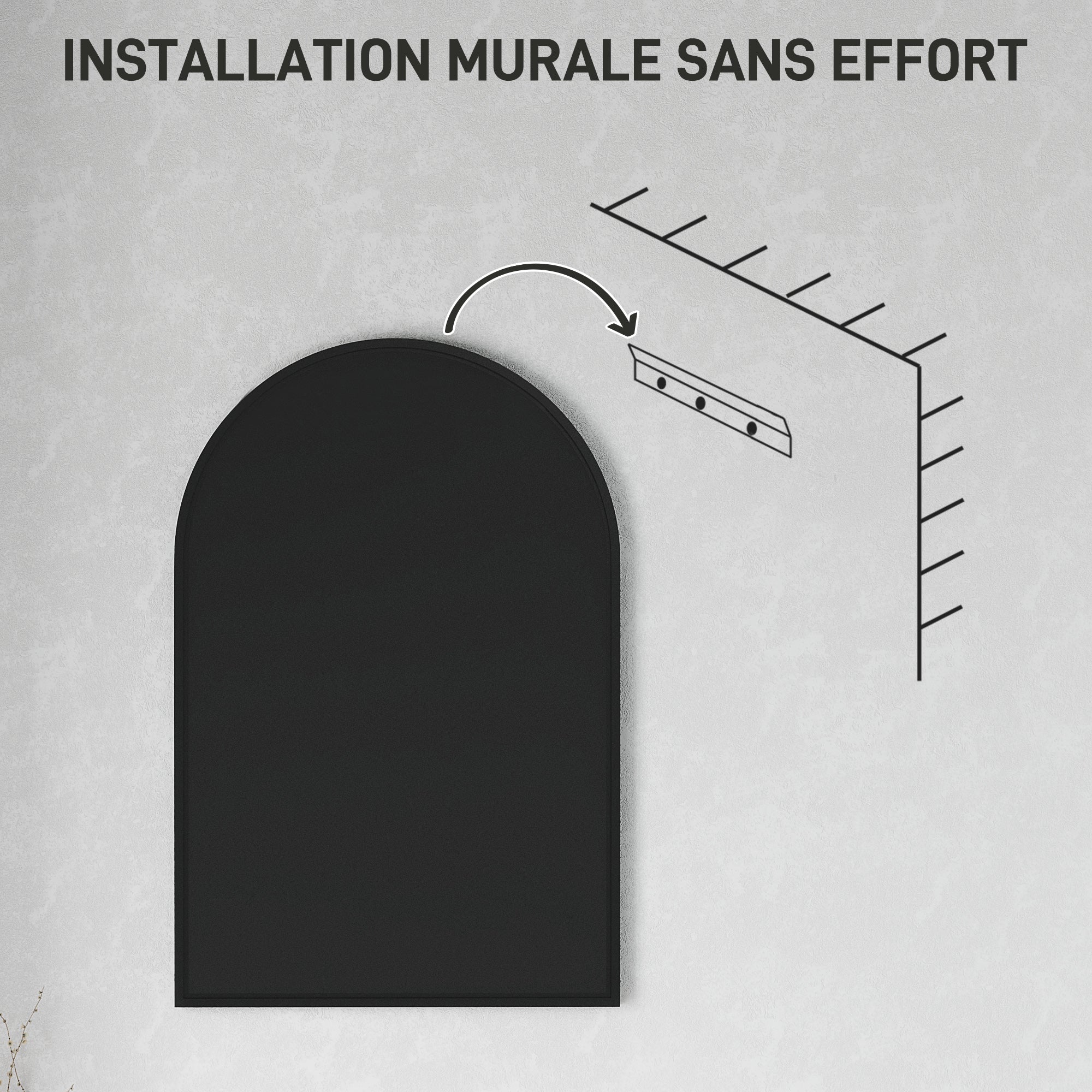 Miroir mural arqué, miroir de salle de bain, 60 x 90 cm, haute définition, avec cadre en alliage d'aluminium, pour chambre, salon, entrée, noir