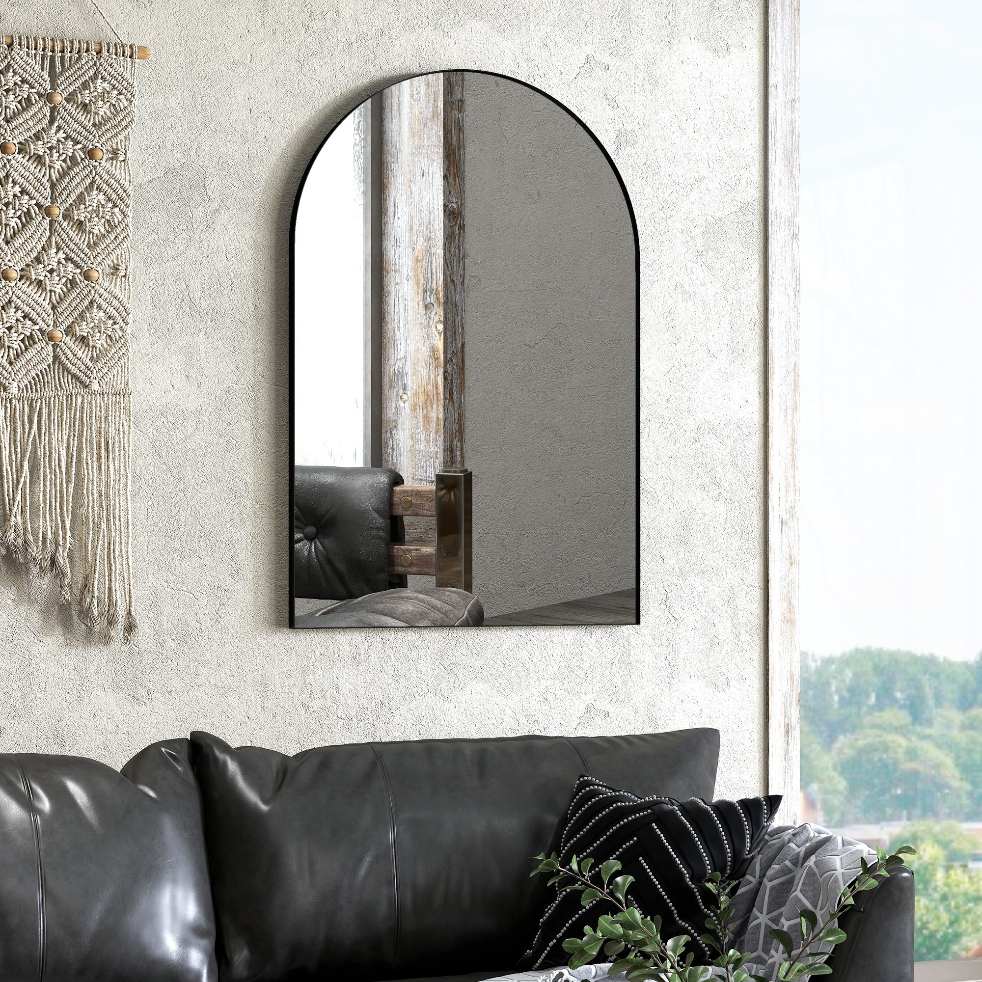 Miroir mural arqué, miroir de salle de bain, 60 x 90 cm, haute définition, avec cadre en alliage d'aluminium, pour chambre, salon, entrée, noir