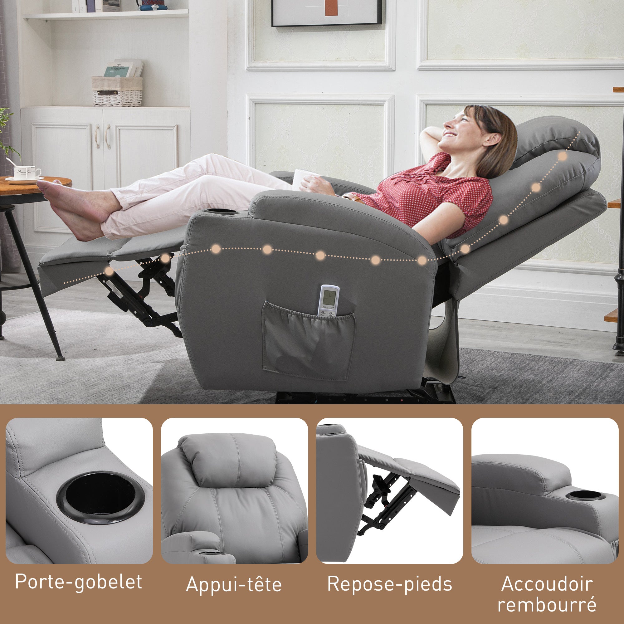 Fauteuil de Massage Inclinable, Chaise de Relaxation avec dossier et repose-pied électrique réglables revêtement synthétique pour Salon, Chambre, Cinéma Maison Gris