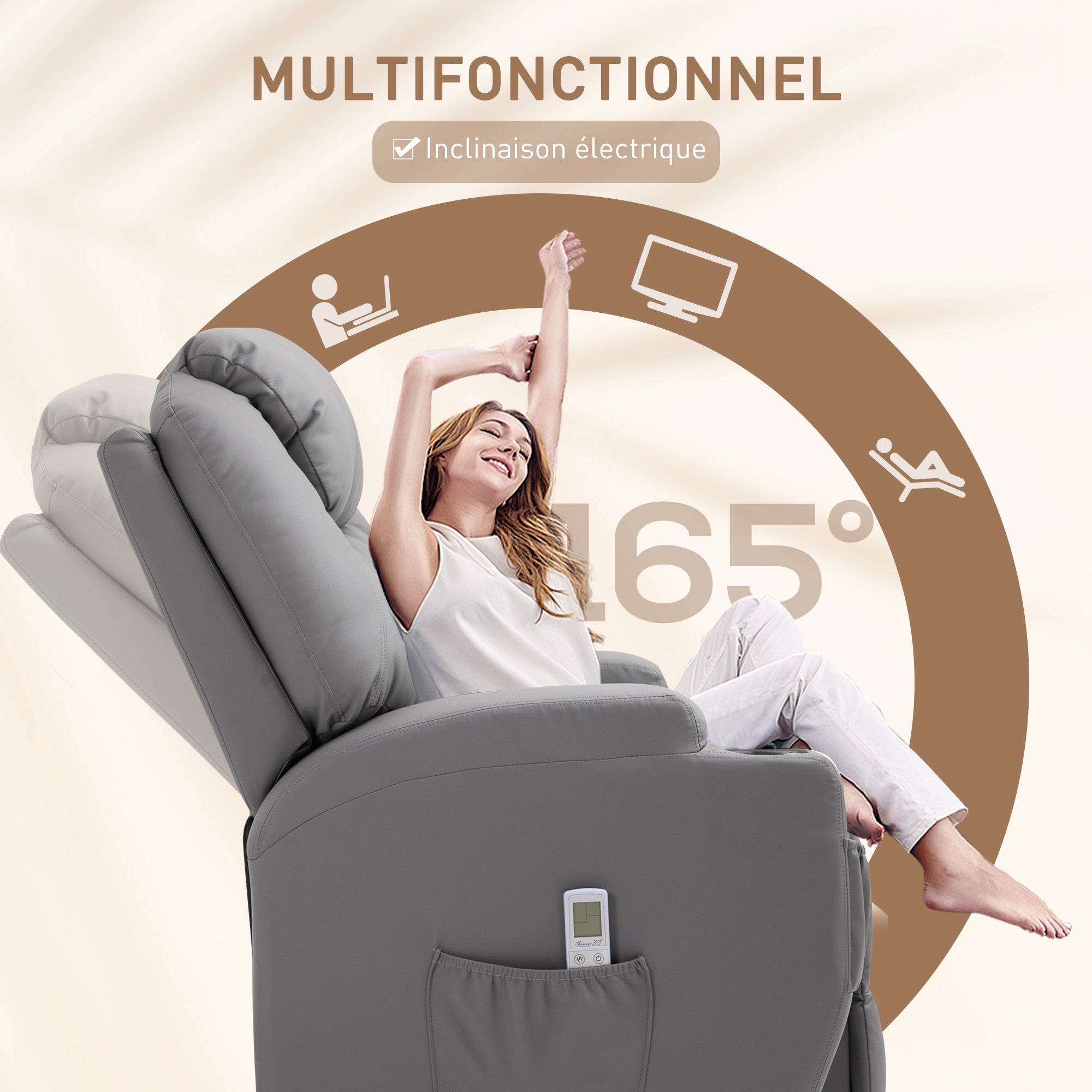 Fauteuil de Massage Inclinable, Chaise de Relaxation avec dossier et repose-pied électrique réglables revêtement synthétique pour Salon, Chambre, Cinéma Maison Gris