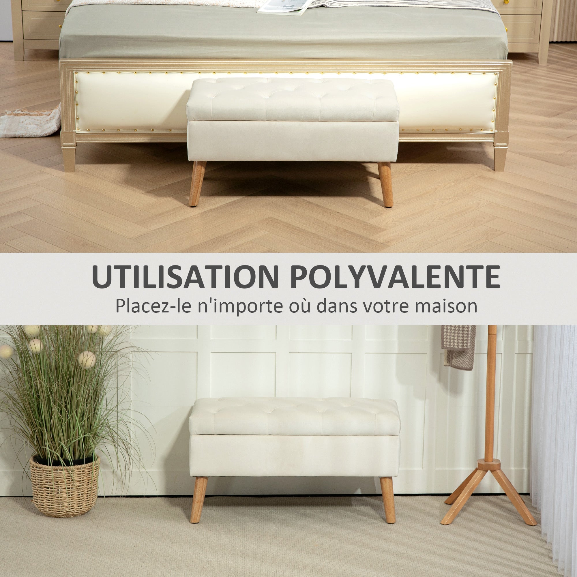 Banc de rangement, coffre de rangement, avec couvercle, tissu effet velours, pieds en bois, charge jusqu'à 120 kg, pour salon, chambre, entrée, 80 x 35 x 40 cm, crème