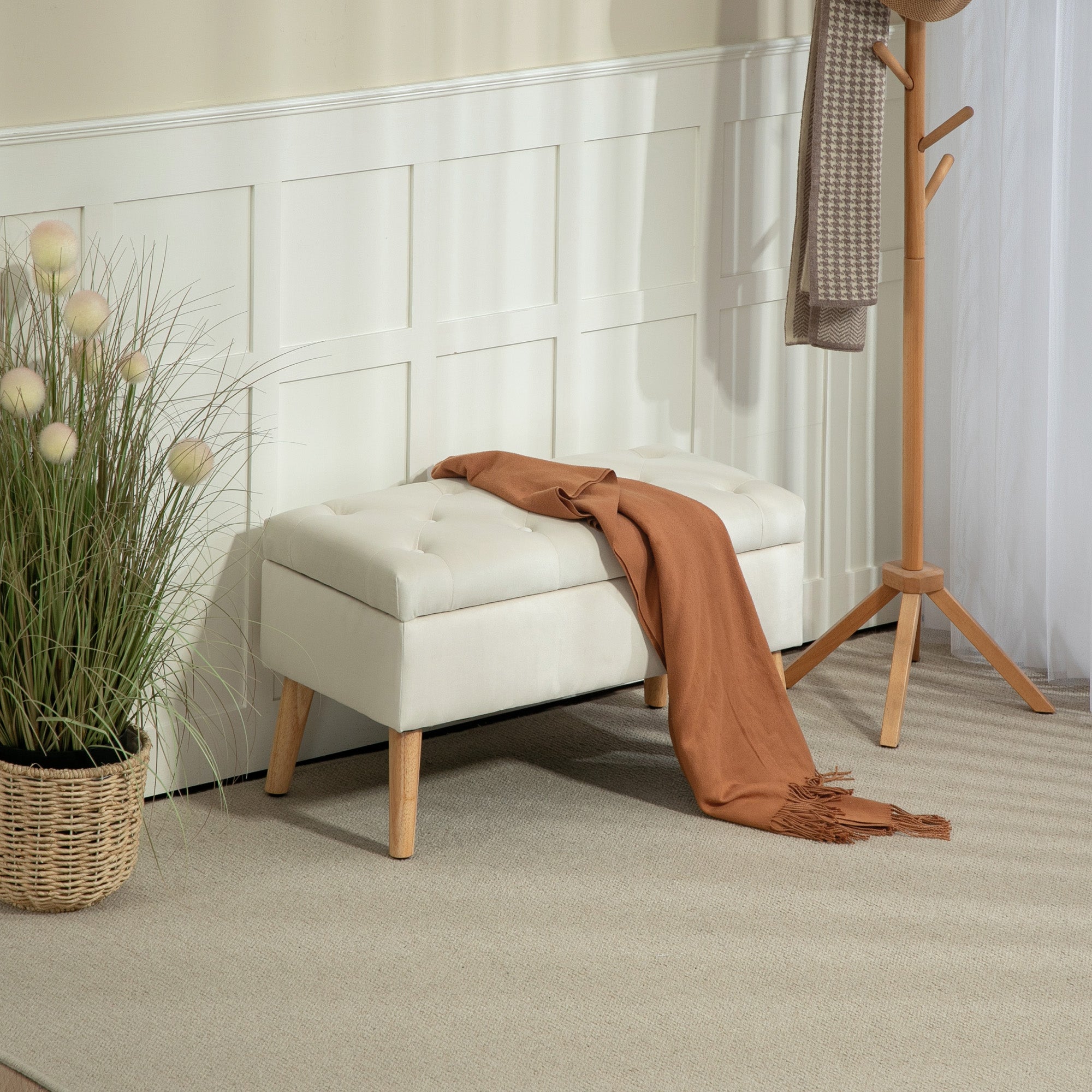 Banc de rangement, coffre de rangement, avec couvercle, tissu effet velours, pieds en bois, charge jusqu'à 120 kg, pour salon, chambre, entrée, 80 x 35 x 40 cm, crème