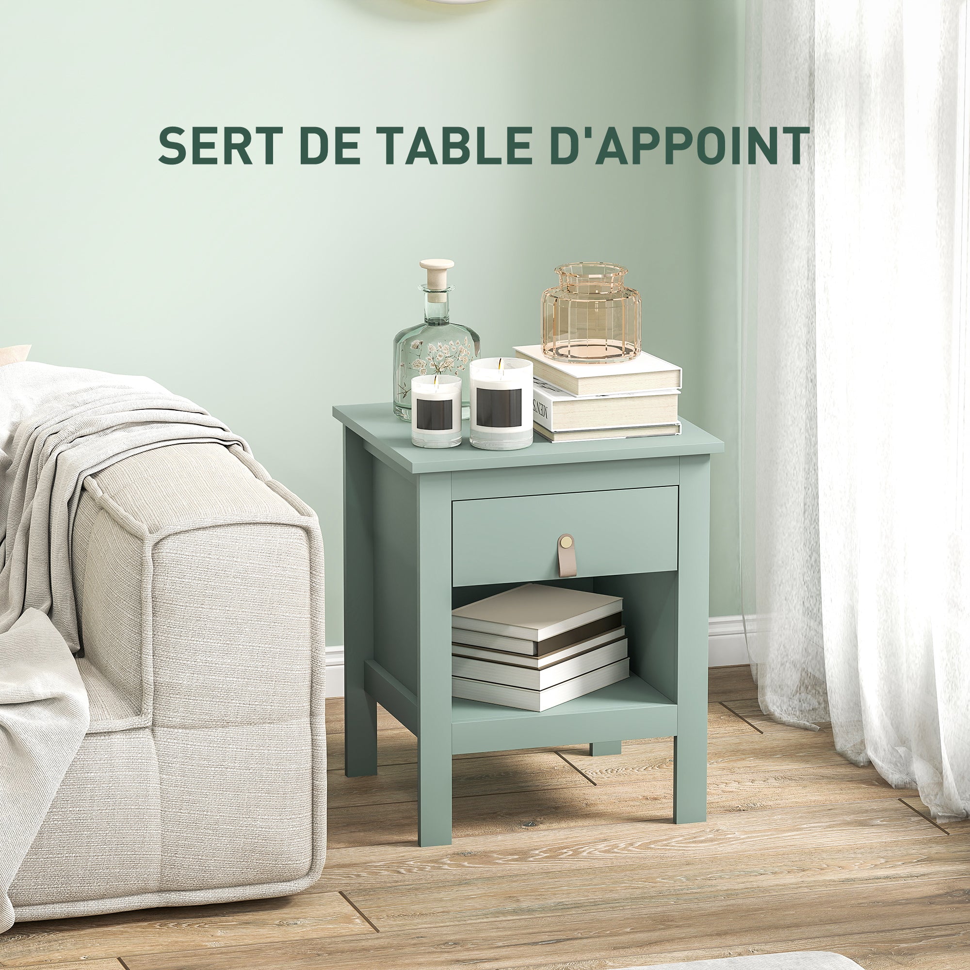 Lot de 2 tables de chevet table de nuit avec tiroir et compartiment ouvert, style moderne pour chambre à coucher, salon, 45 x 40 x 55 cm, vert