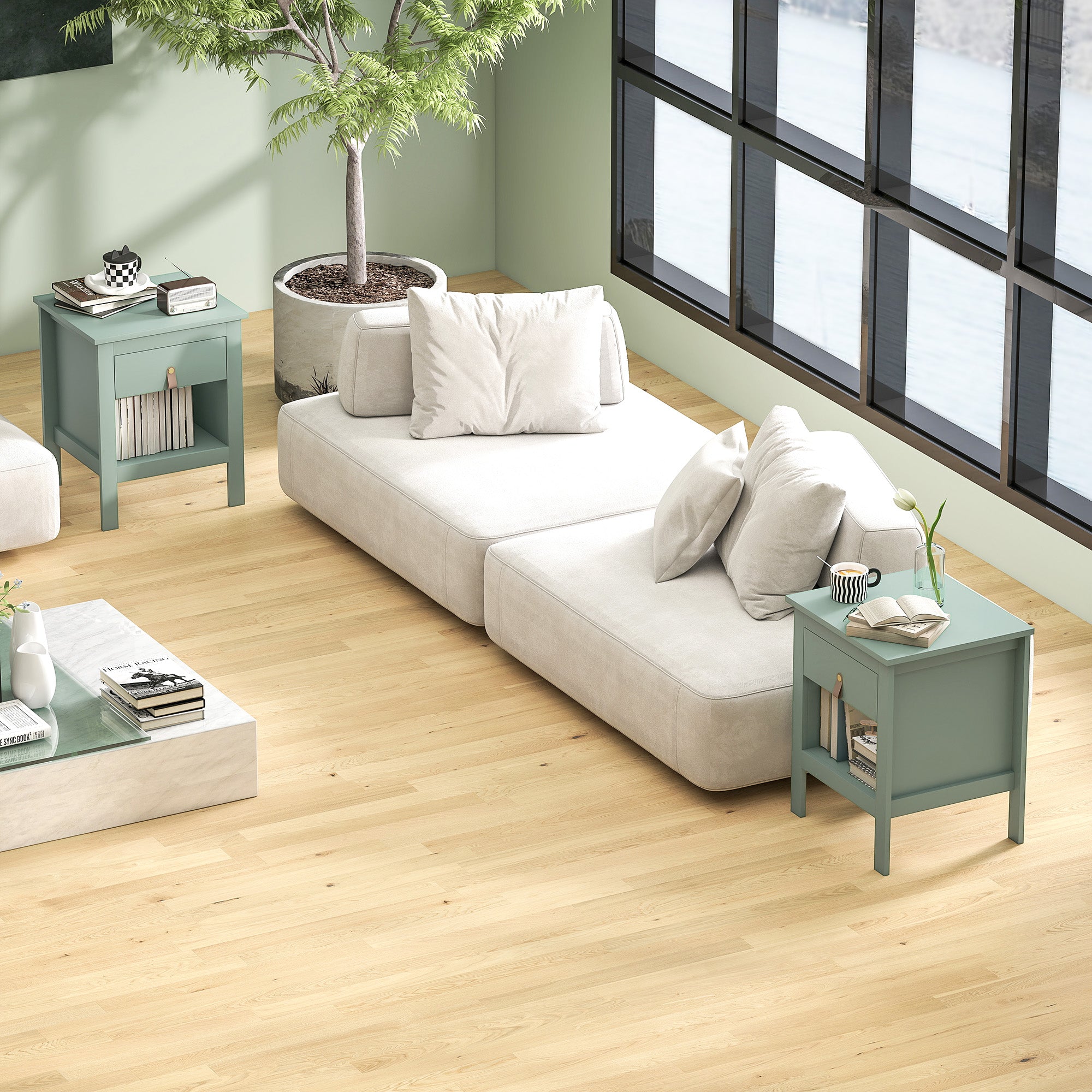 Lot de 2 tables de chevet table de nuit avec tiroir et compartiment ouvert, style moderne pour chambre à coucher, salon, 45 x 40 x 55 cm, vert