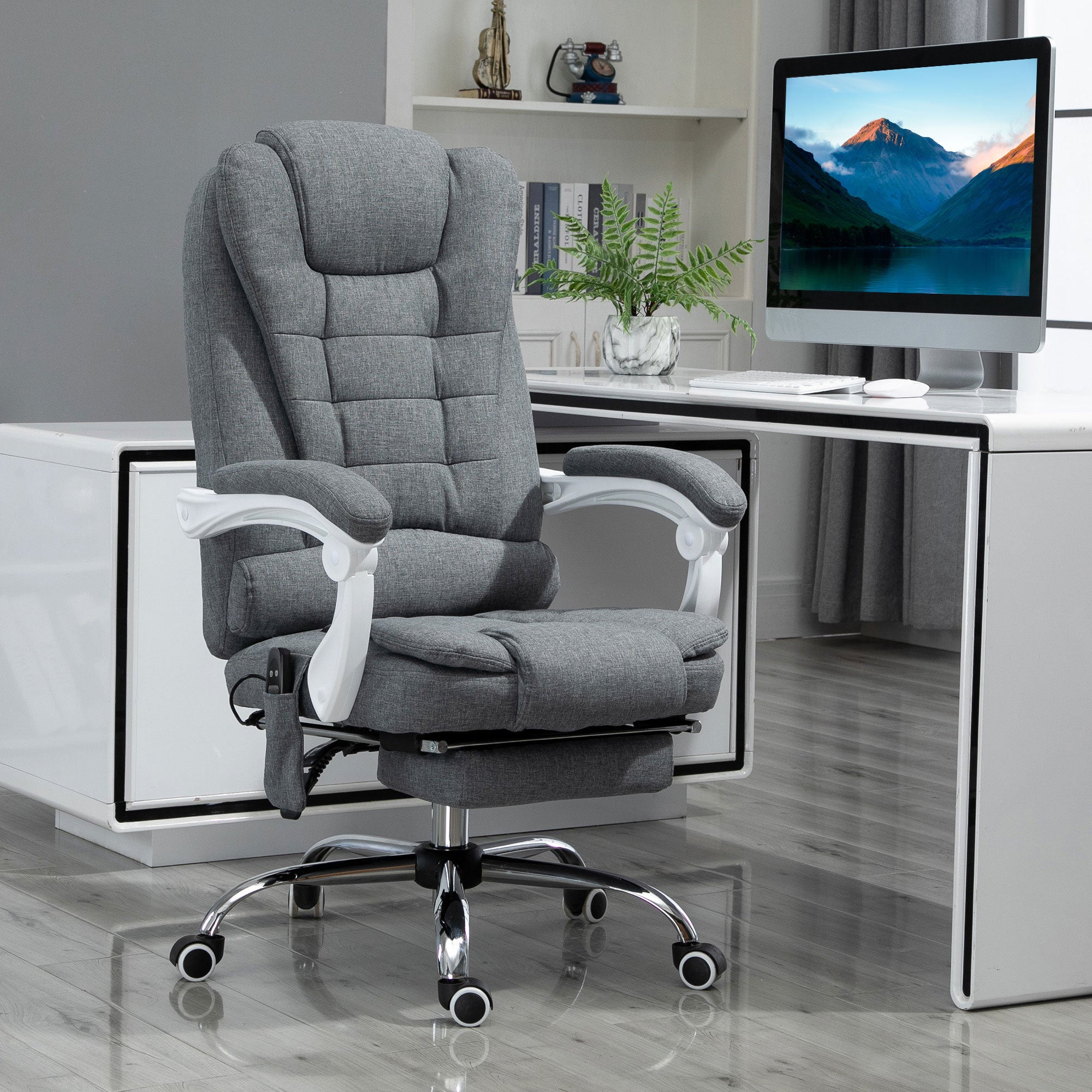 Fauteuil de bureau massant et chauffant, chaise de bureau, chaise ergonomique avec hauteur réglable, dossier inclinable et télécommande filaire, pivotant à 360°, en toile de lin, gris