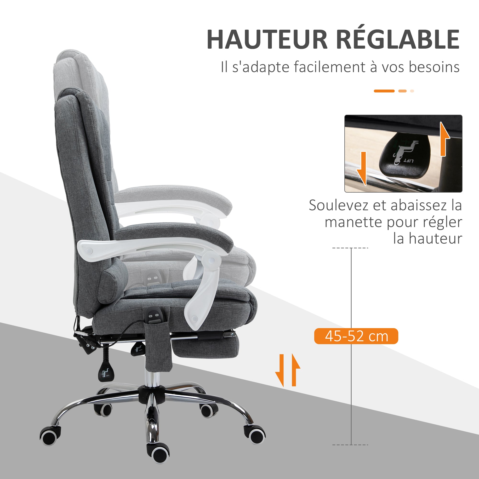 Fauteuil de bureau massant et chauffant, chaise de bureau, chaise ergonomique avec hauteur réglable, dossier inclinable et télécommande filaire, pivotant à 360°, en toile de lin, gris