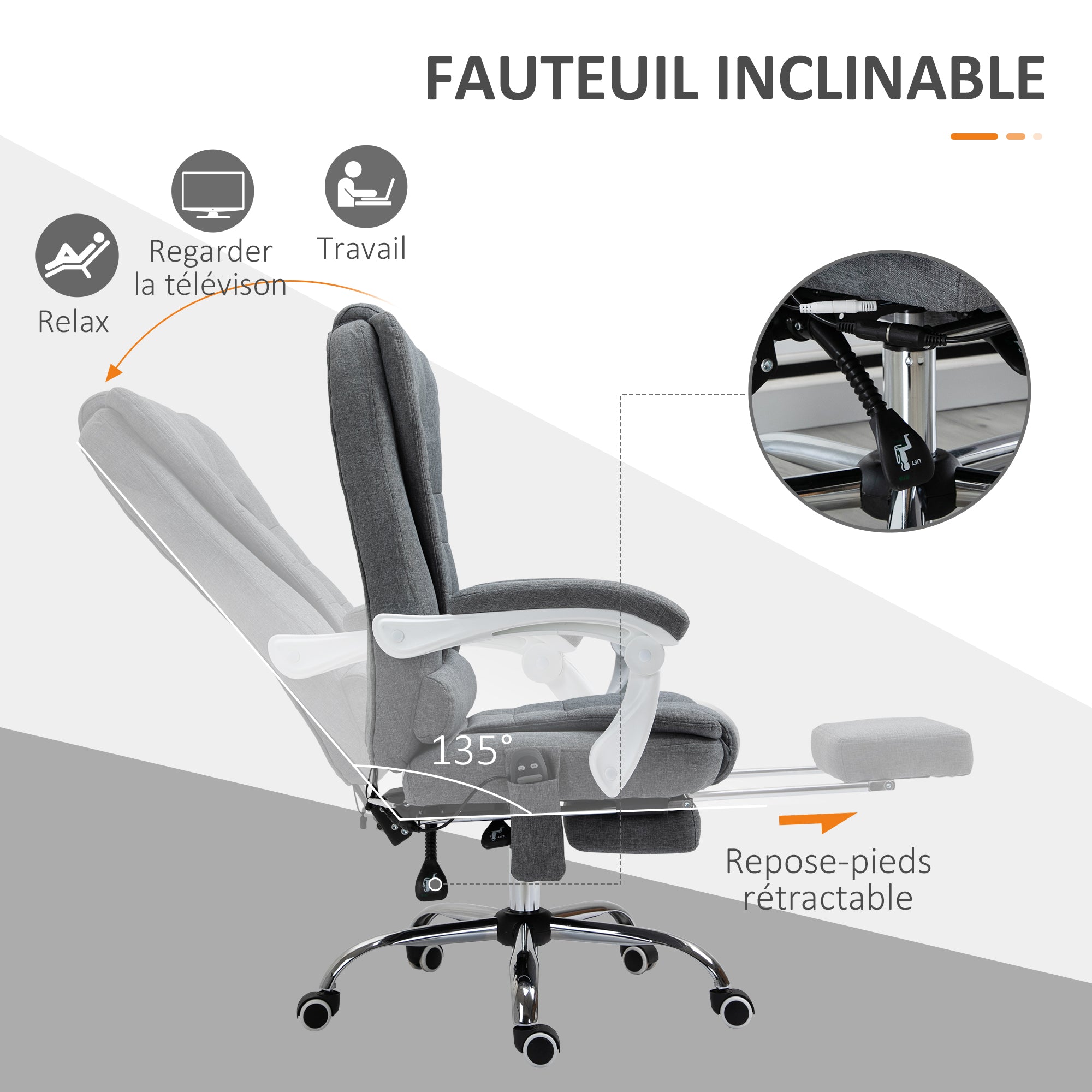 Fauteuil de bureau massant et chauffant, chaise de bureau, chaise ergonomique avec hauteur réglable, dossier inclinable et télécommande filaire, pivotant à 360°, en toile de lin, gris