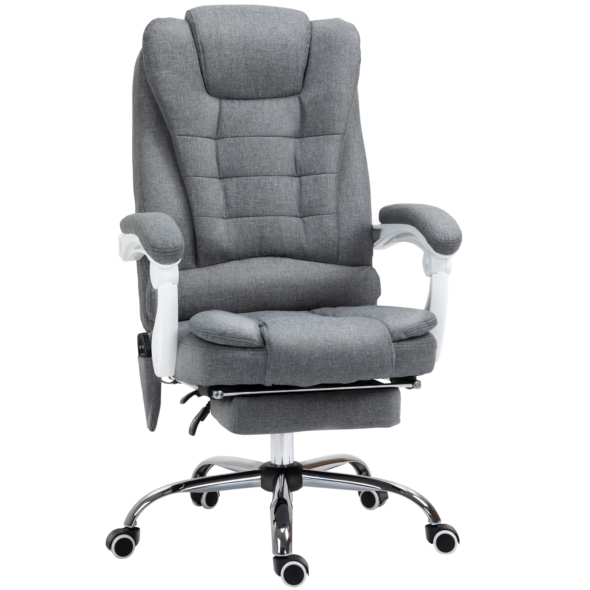 Fauteuil de bureau massant et chauffant, chaise de bureau, chaise ergonomique avec hauteur réglable, dossier inclinable et télécommande filaire, pivotant à 360°, en toile de lin, gris