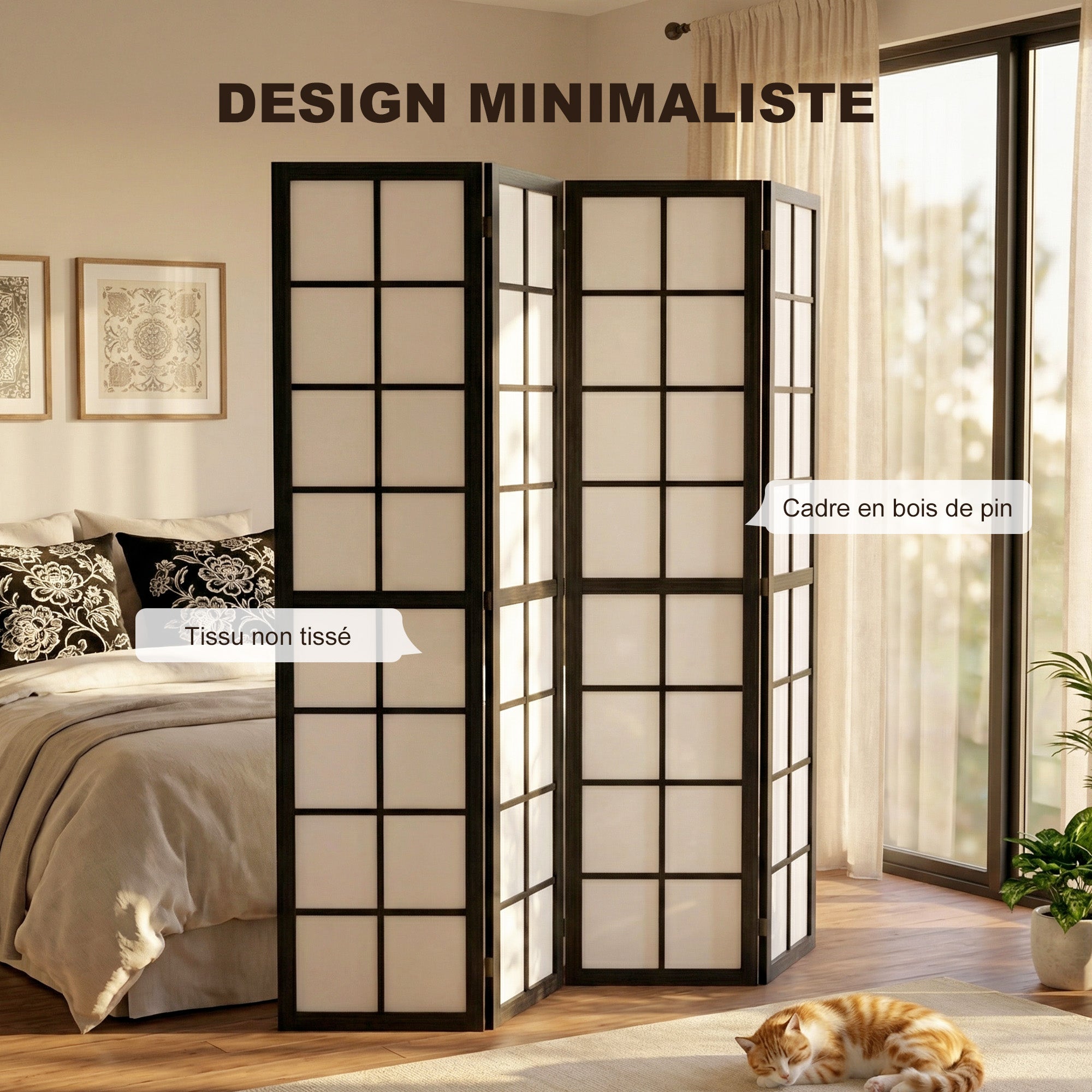 Paravent interieur pliable 4 panneaux 160 x 170 cm séparateur de pièce en bois closion de séparation pour salon chambre à coucher maison, noir