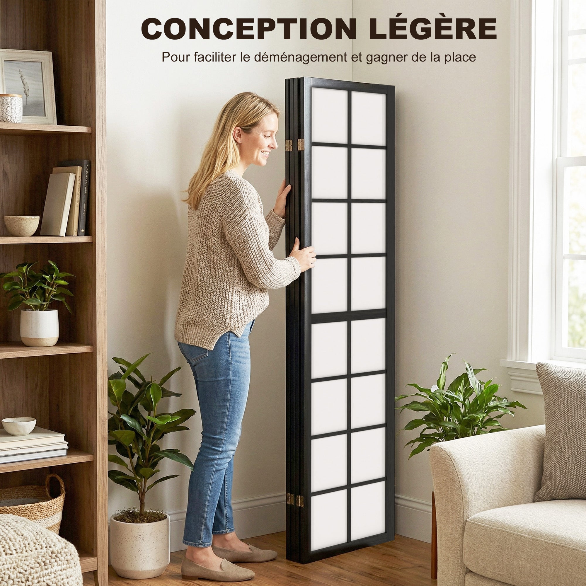 Paravent interieur pliable 4 panneaux 160 x 170 cm séparateur de pièce en bois closion de séparation pour salon chambre à coucher maison, noir