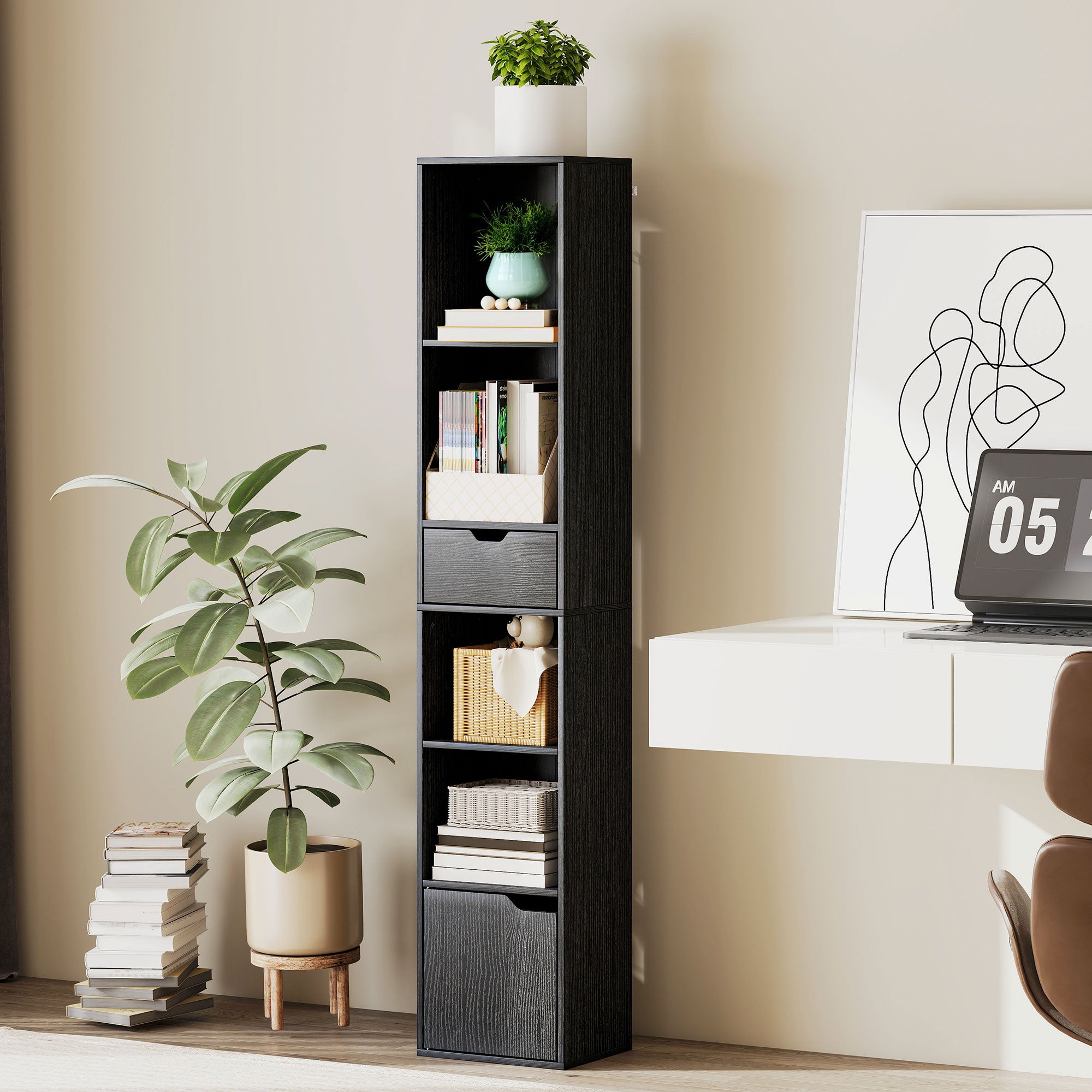 Bibliothèque Étagère à 6 Niveaux, Bibliothèque verticale gain de place avec armoire, étagère réglable et tiroir, pour salon chambre bureau studio, 30x24x158 cm, Noir
