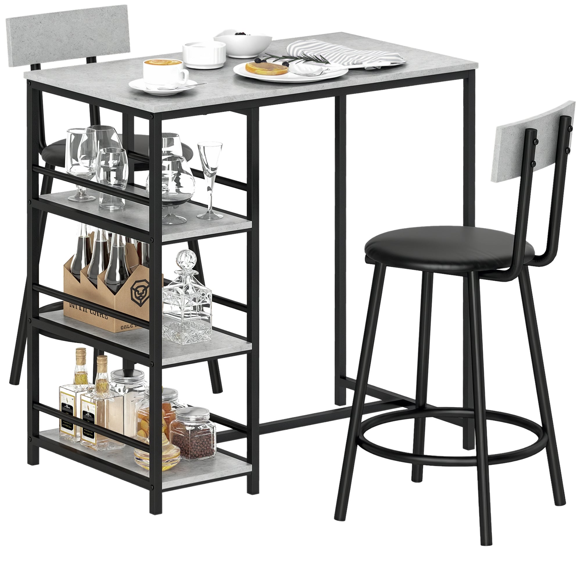 Ensemble table de bar avec tabourets, table à manger debout avec 2 chaises de bar, table haute cuisine avec étagères, table haute bar et 2 tabourets pour salle à manger, cuisine, gris et noir