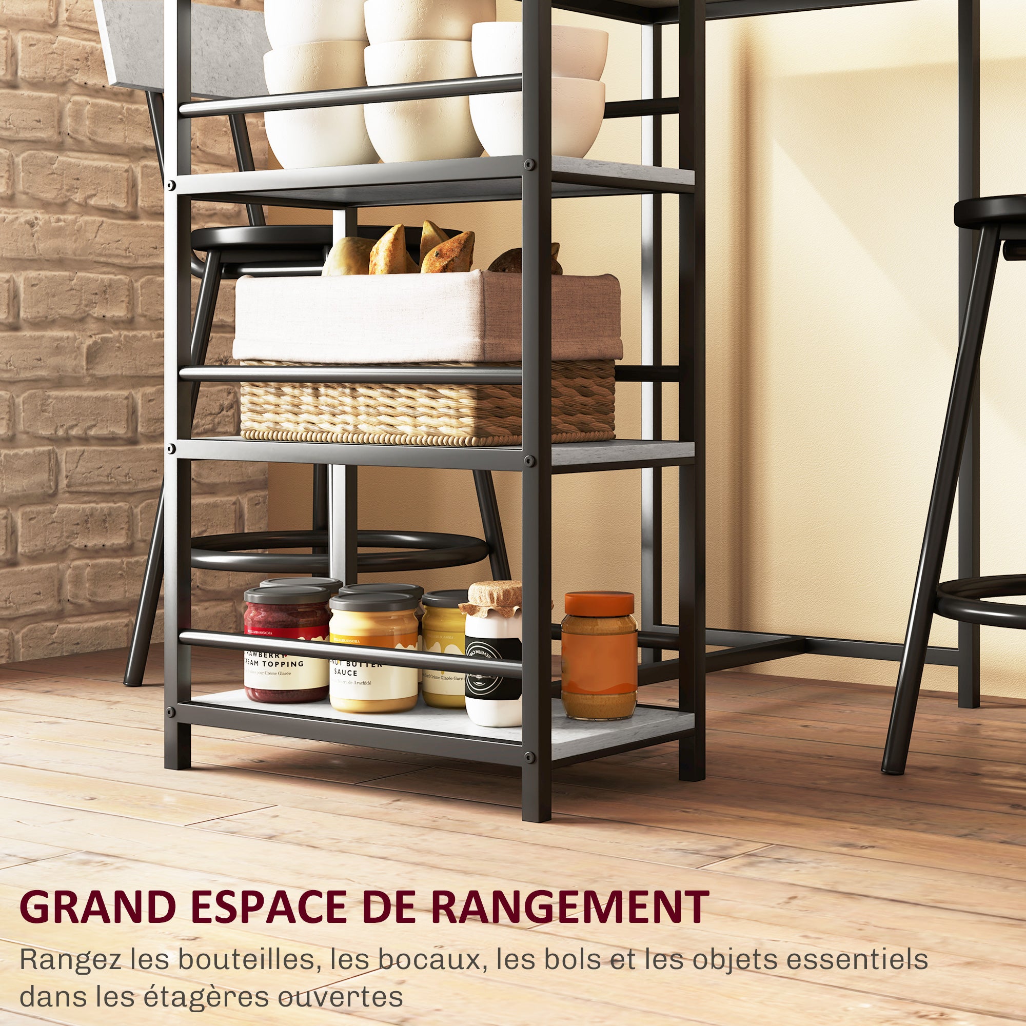 Ensemble table de bar avec tabourets, table à manger debout avec 2 chaises de bar, table haute cuisine avec étagères, table haute bar et 2 tabourets pour salle à manger, cuisine, gris et noir