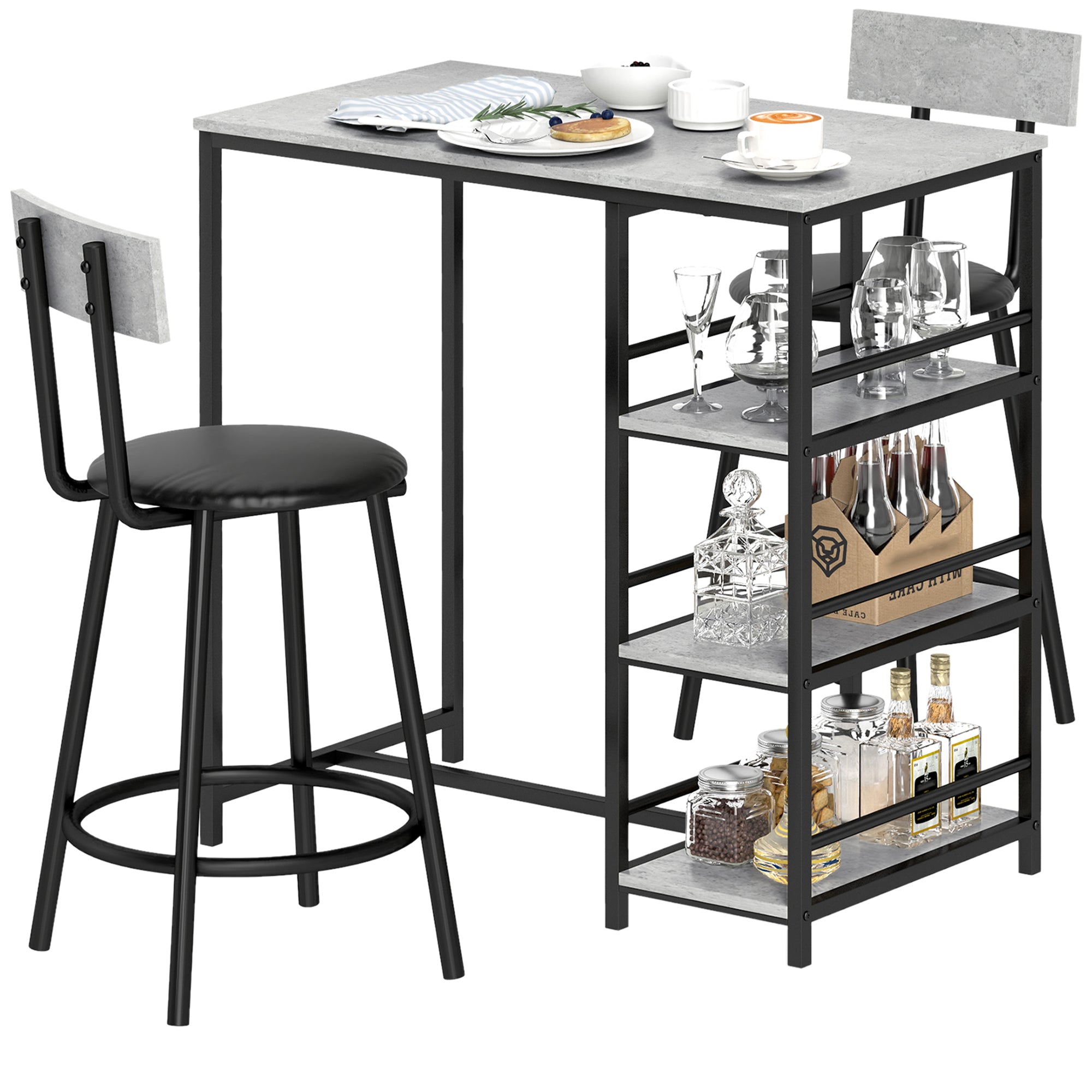 Ensemble table de bar avec tabourets, table à manger debout avec 2 chaises de bar, table haute cuisine avec étagères, table haute bar et 2 tabourets pour salle à manger, cuisine, gris et noir